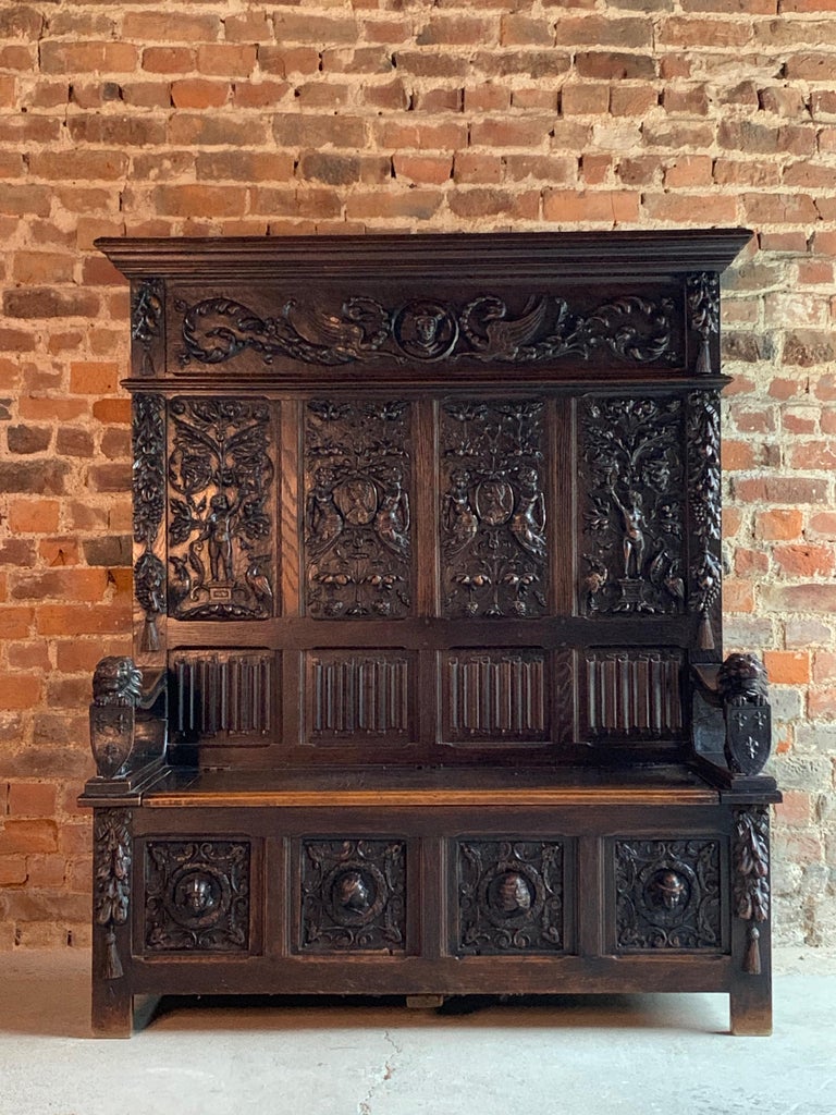 Antique Oak Settle Bench Heavily Carved 19th Century Victorian, circa ...