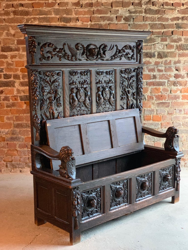 Antique Oak Settle Bench Heavily Carved 19th Century Victorian, circa ...