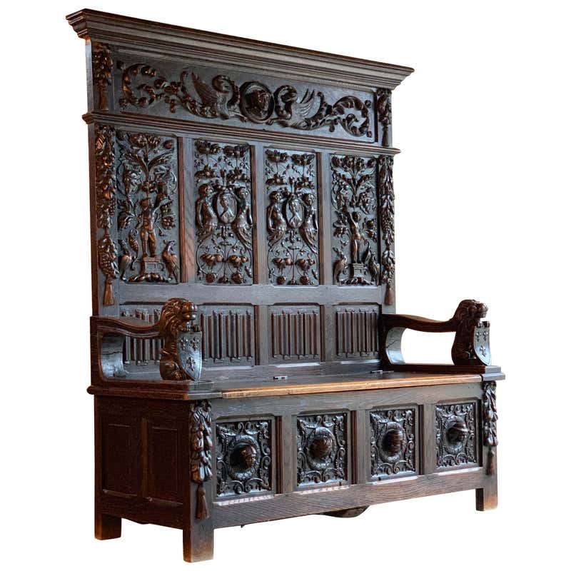 Antique Oak Settle Bench Heavily Carved 19th Century Victorian, circa ...