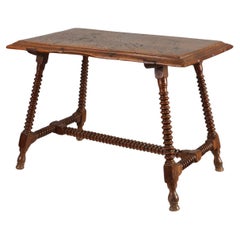 Antique Oak Side Table with Turned Legs and Stretcher Base, Spain, 17th Century