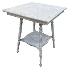 vintage casters Antique Oak Side Table with Turned Legs in Hand Painted Greige Finish