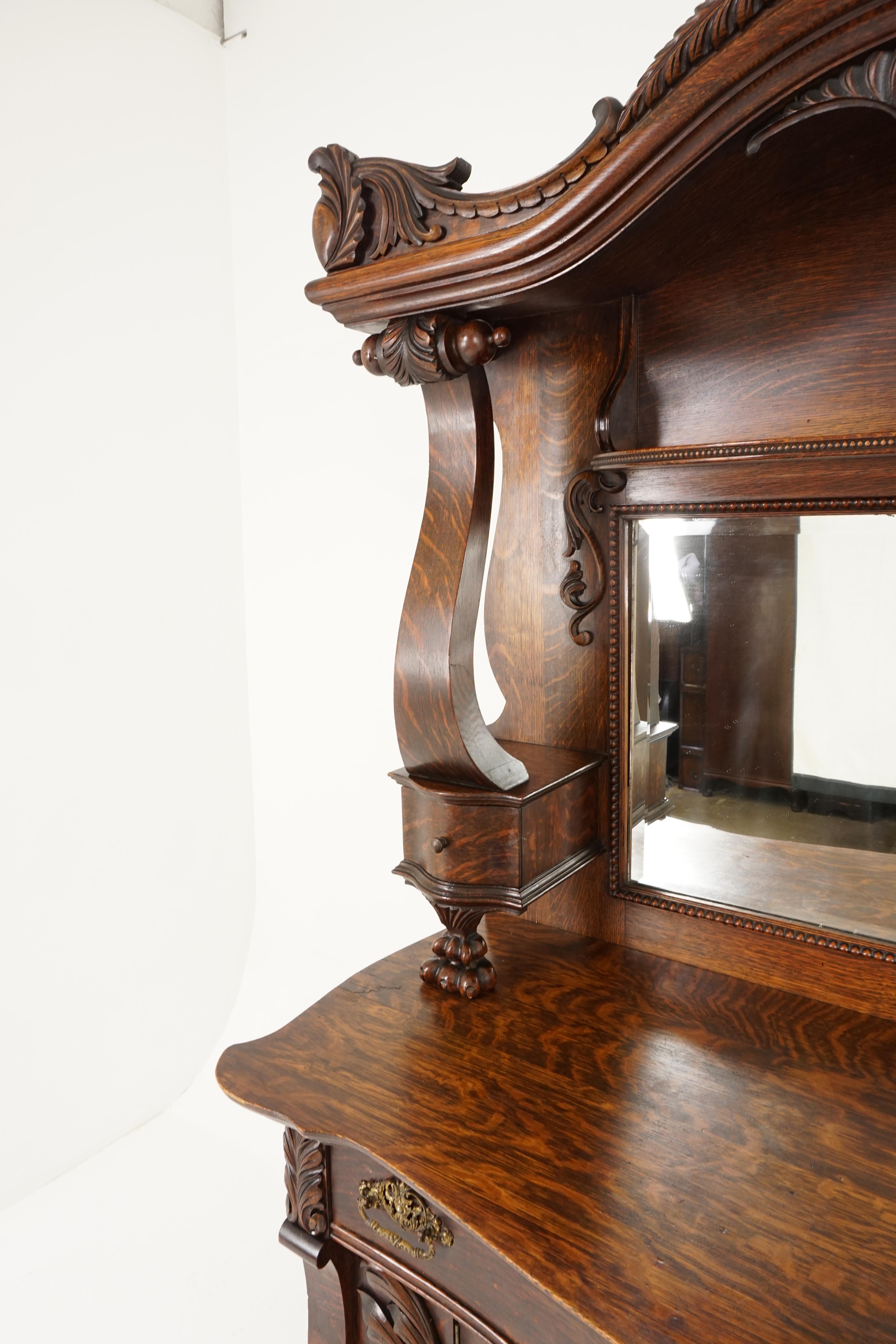 Hand-Crafted Antique Oak Sideboard, Quarter Sawn, Mirror Back, American 1910, B2483