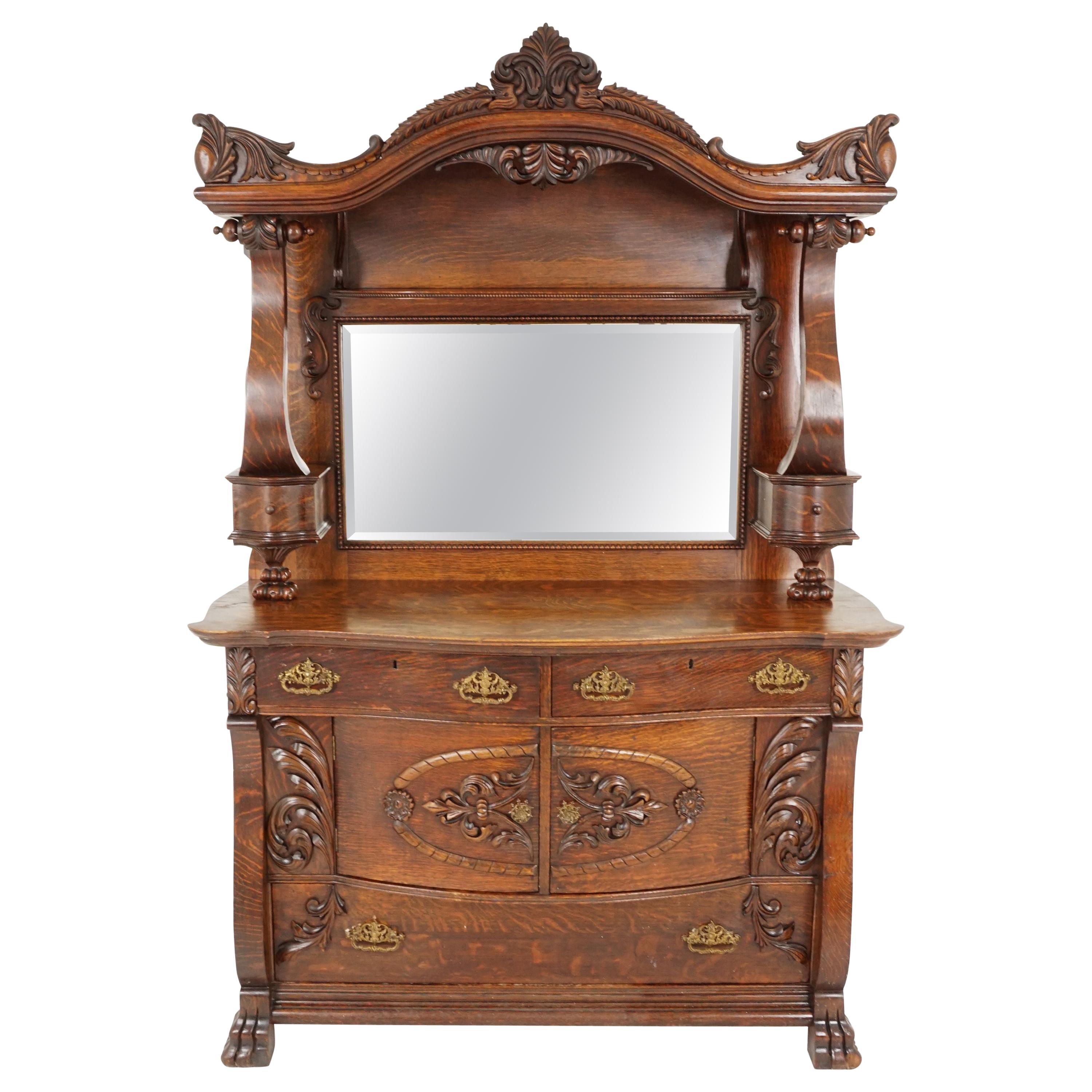 Antique Tiger Oak Sideboard, Arts and Crafts, Mirror Back, American