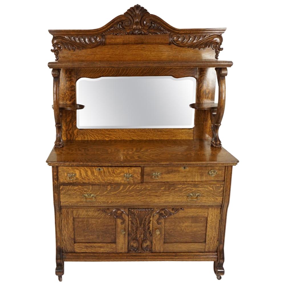 Antique Oak Sideboard, Quarter Sawn, Mirror Back Sideboard, American 1900, B2036