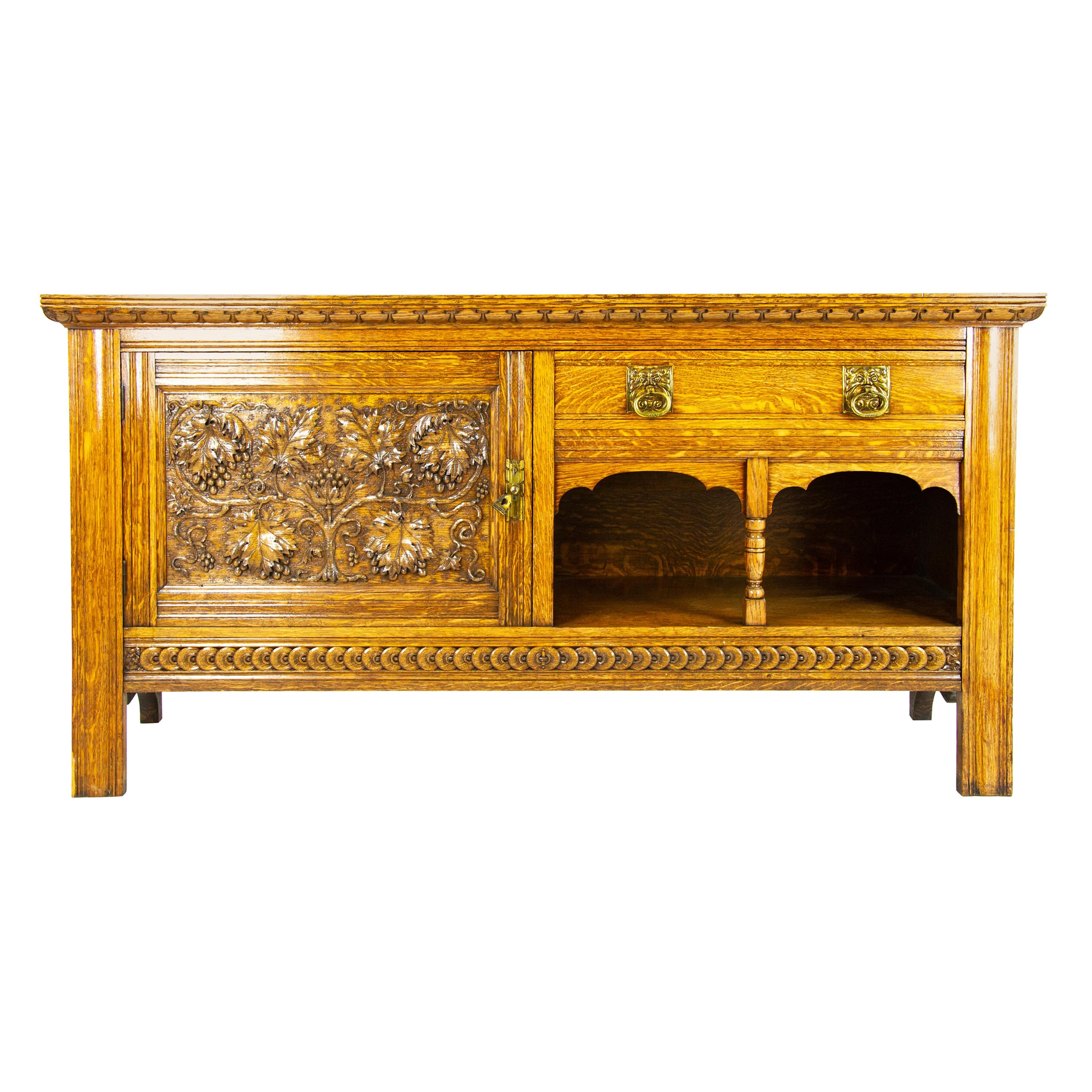 Antique Oak Sideboard, Victorian Tiger Oak Buffet Server, Scotland, 1890, B1425