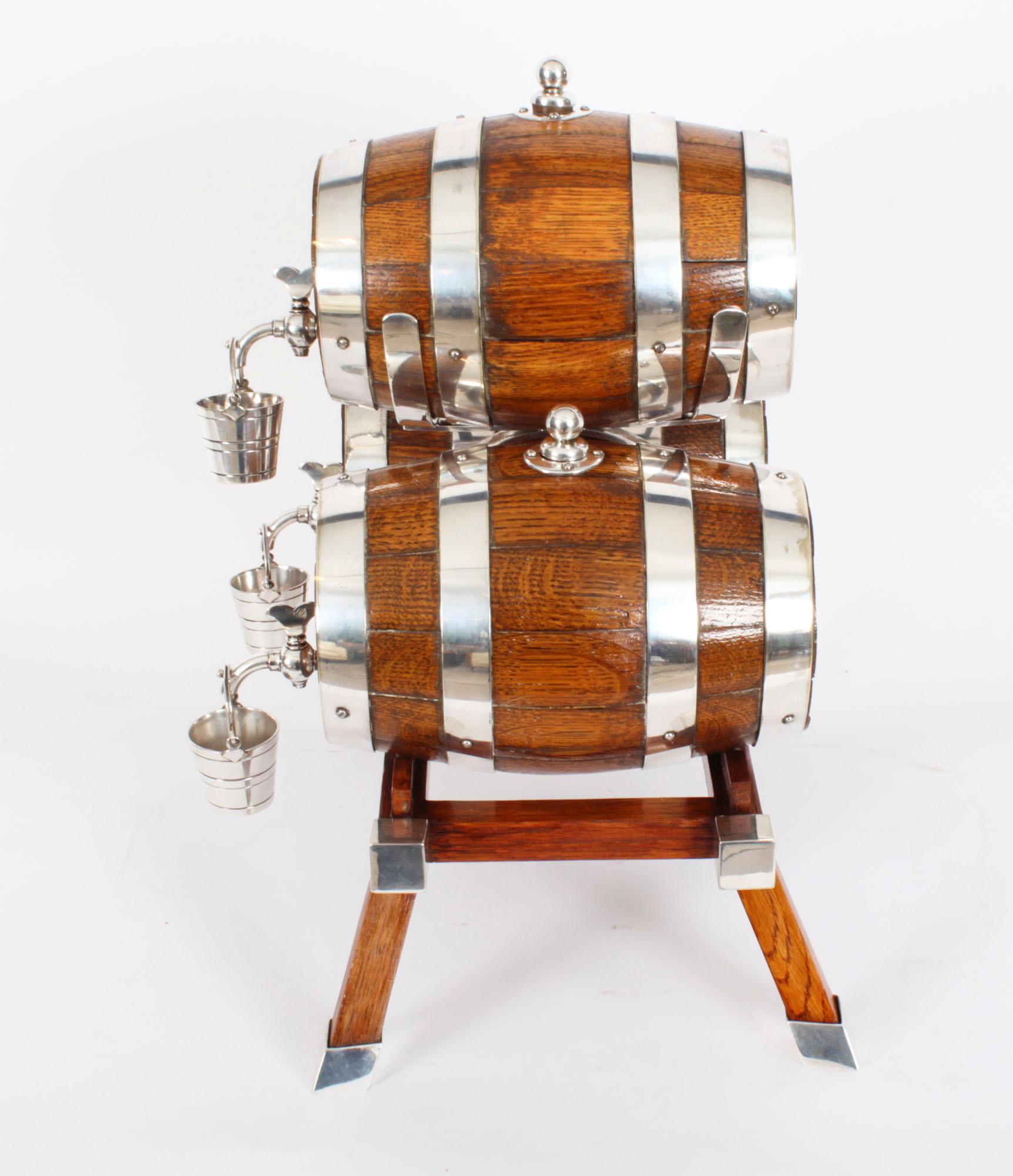 Antique Oak Silver plated Three Oak Barrel Dispensers & Tot Pails 19th C 5