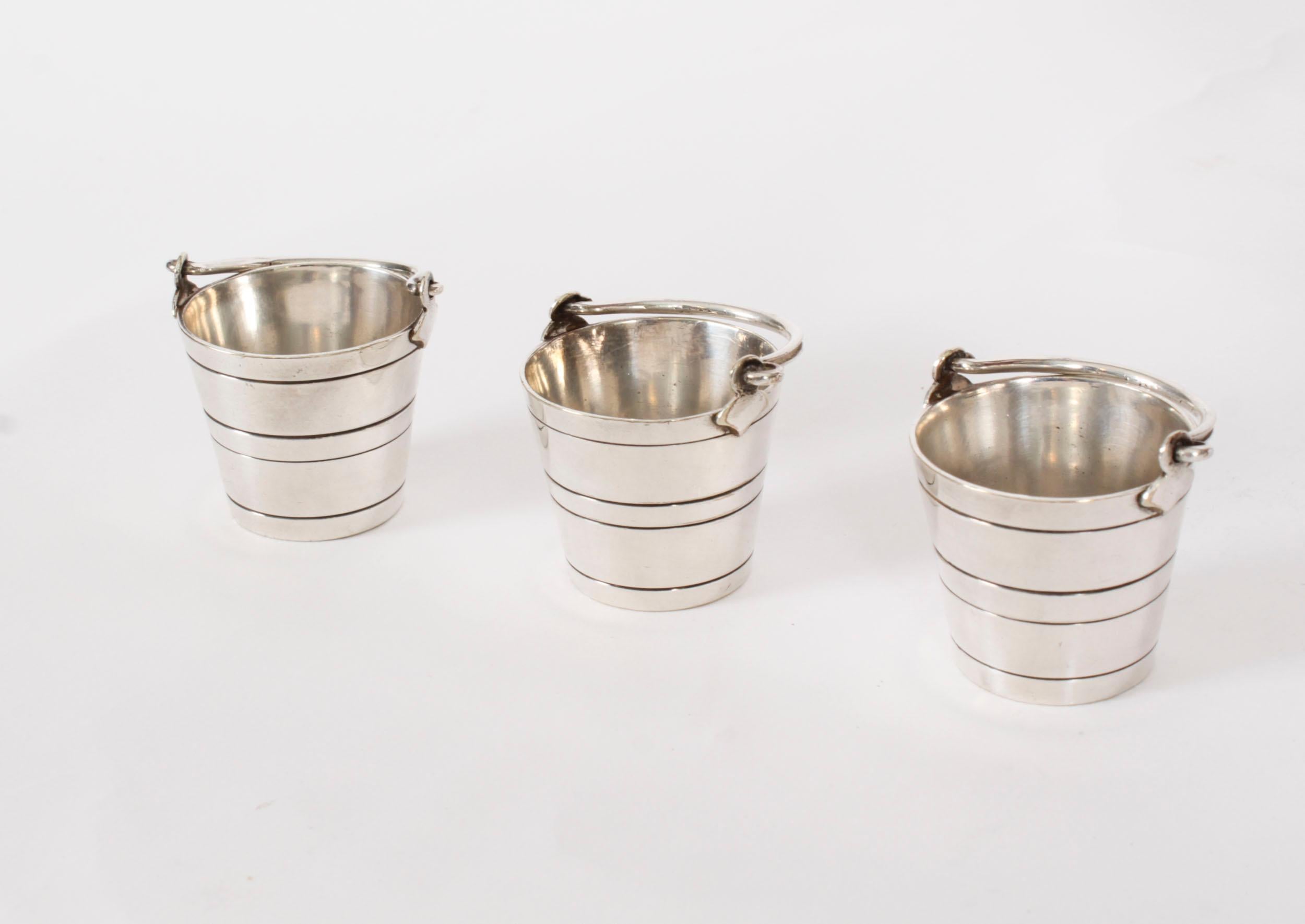 Antique Oak Silver plated Three Oak Barrel Dispensers & Tot Pails 19th C 9