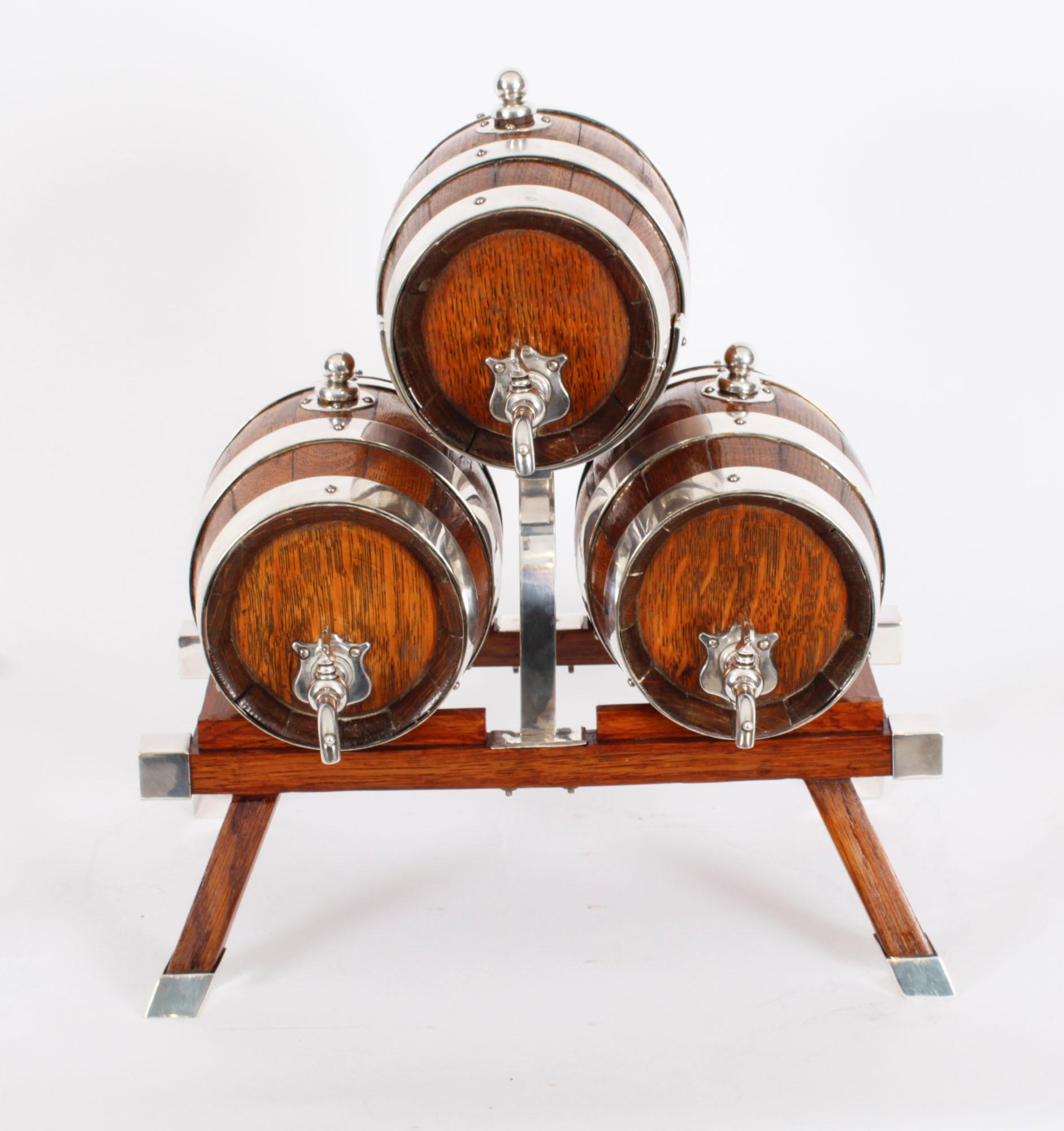 Antique Oak Silver plated Three Oak Barrel Dispensers & Tot Pails 19th C 10