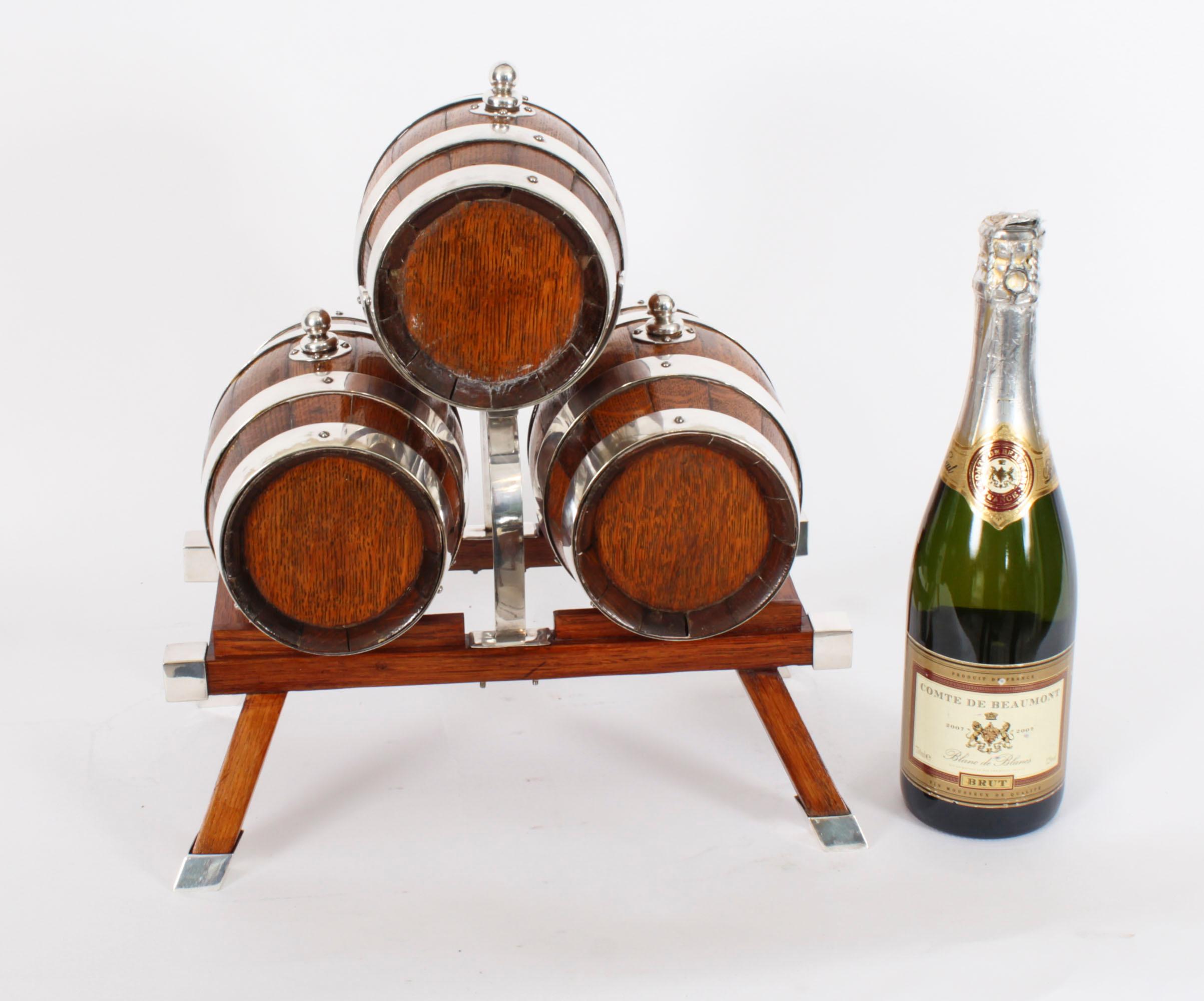 Antique Oak Silver plated Three Oak Barrel Dispensers & Tot Pails 19th C 11
