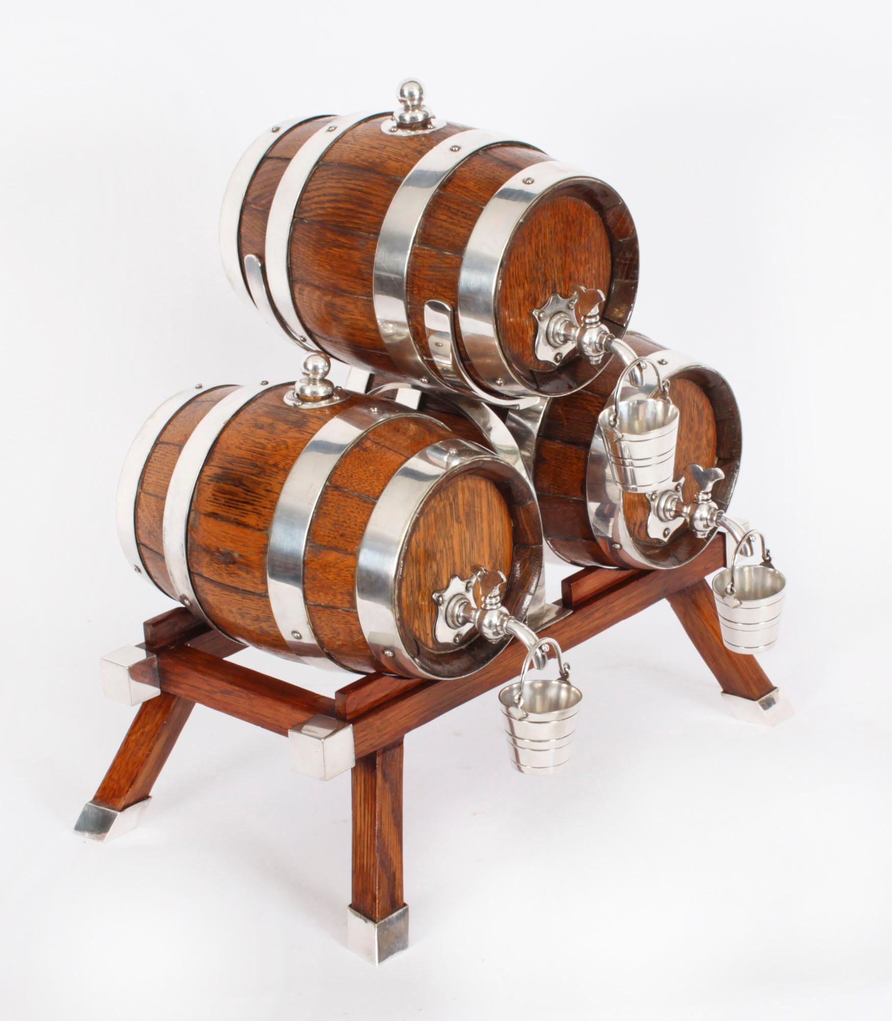 Antique Oak Silver plated Three Oak Barrel Dispensers & Tot Pails 19th C 12