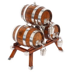 Antique Oak Silver plated Three Oak Barrel Dispensers & Tot Pails 19th C