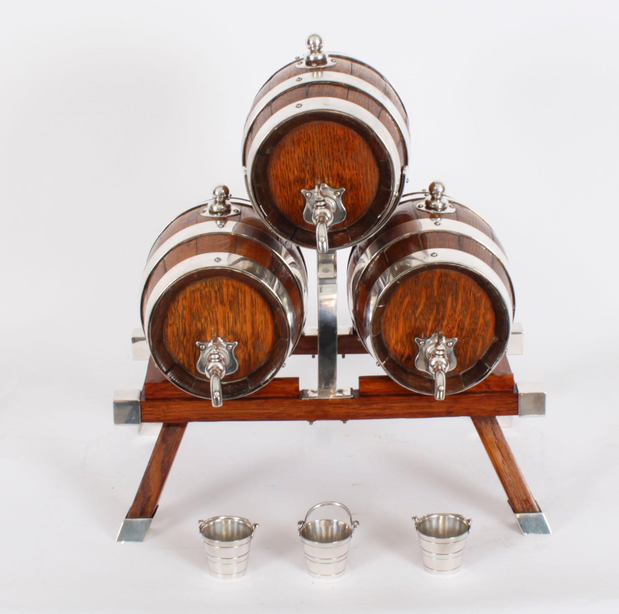 Antique Oak Silver plated Three Oak Barrel Dispensers & Tot Pails 19th Century For Sale 7