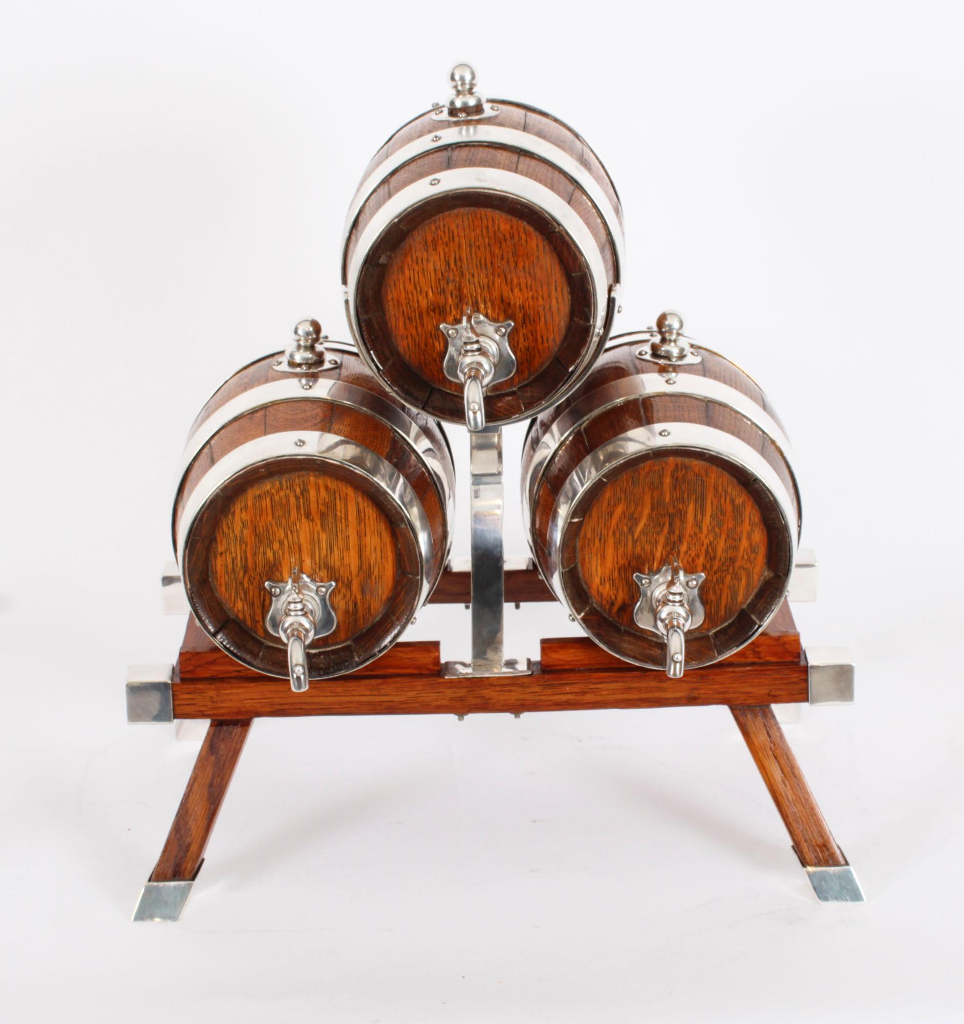 Antique Oak Silver plated Three Oak Barrel Dispensers & Tot Pails 19th Century For Sale 11