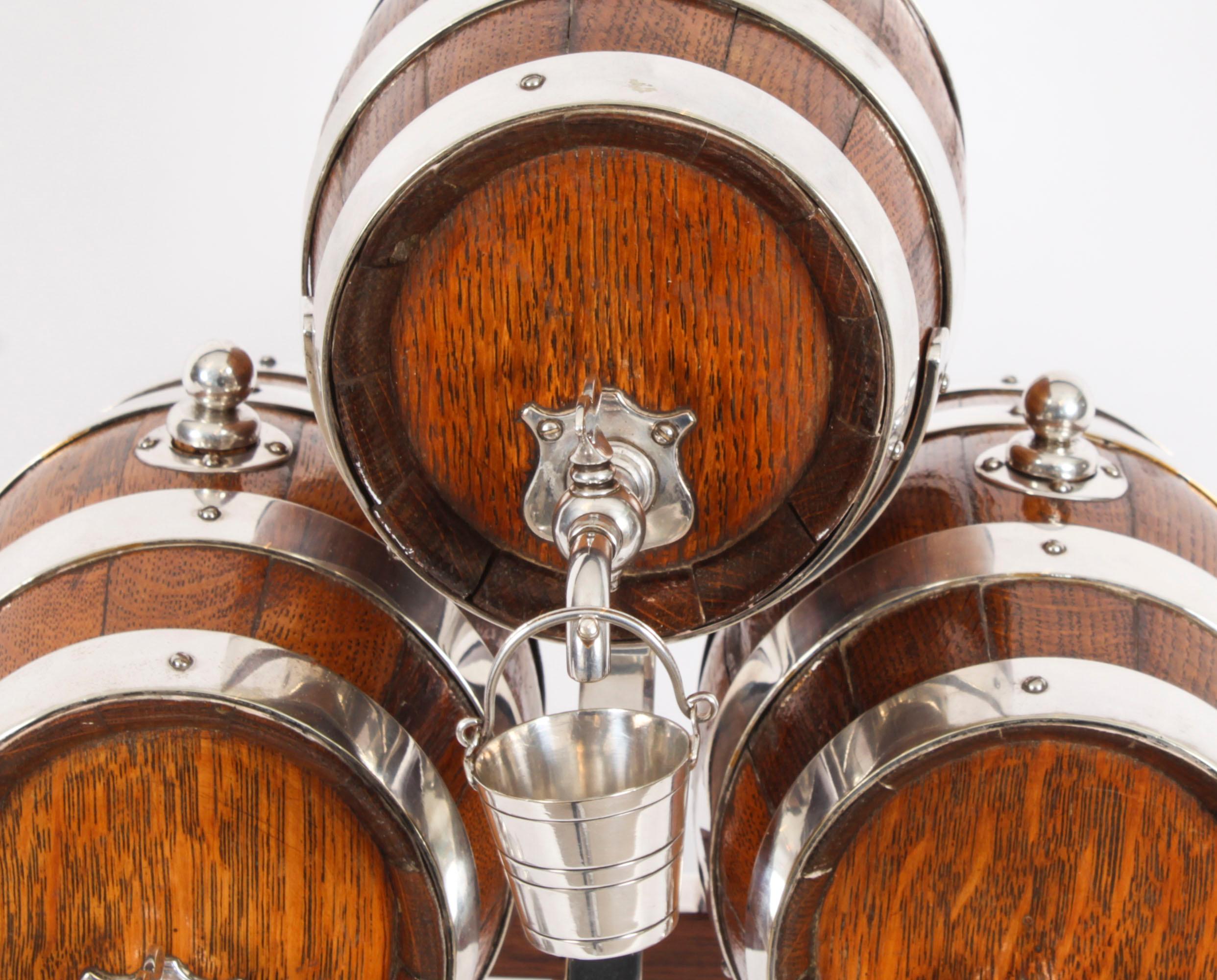Late 19th Century Antique Oak Silver plated Three Oak Barrel Dispensers & Tot Pails 19th Century For Sale