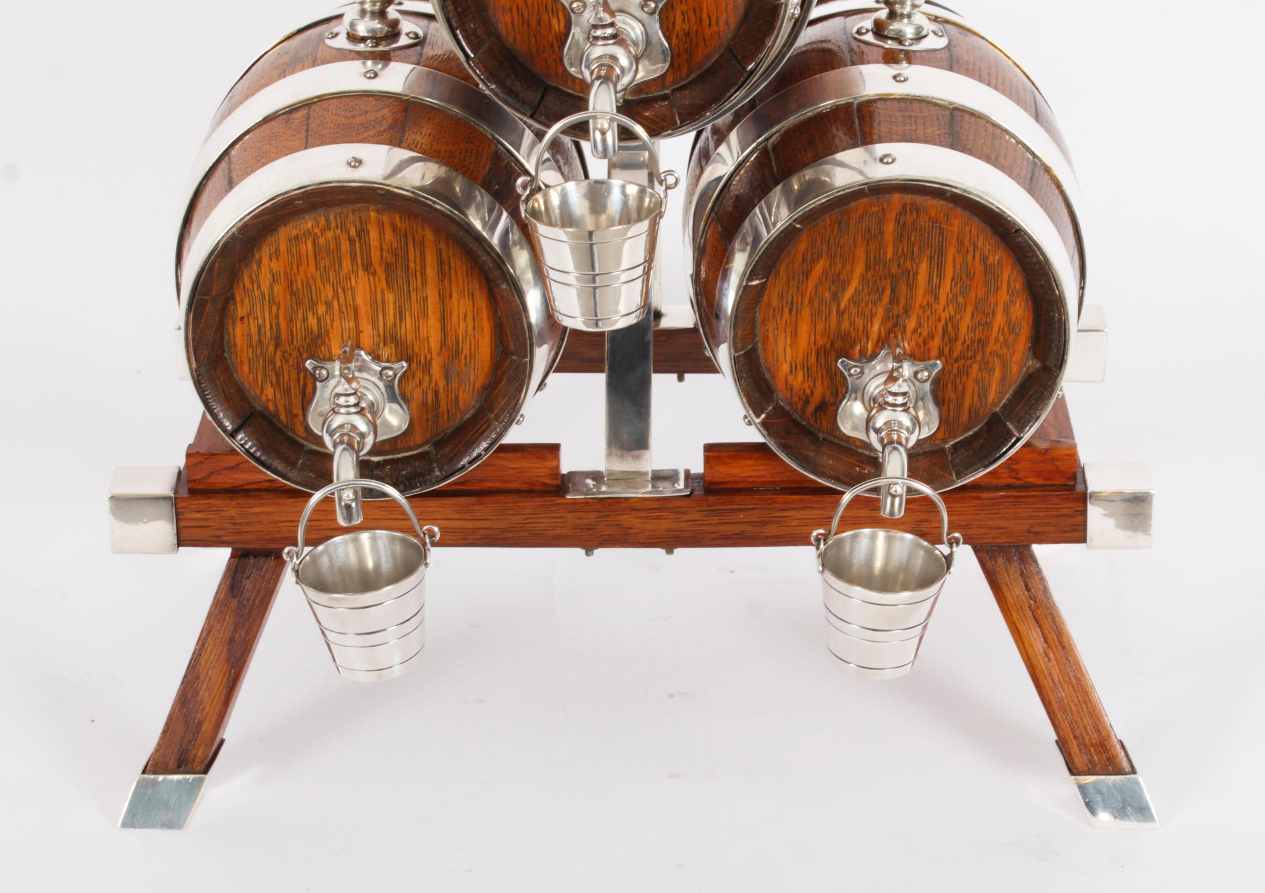 Antique Oak Silver plated Three Oak Barrel Dispensers & Tot Pails 19th Century For Sale 1