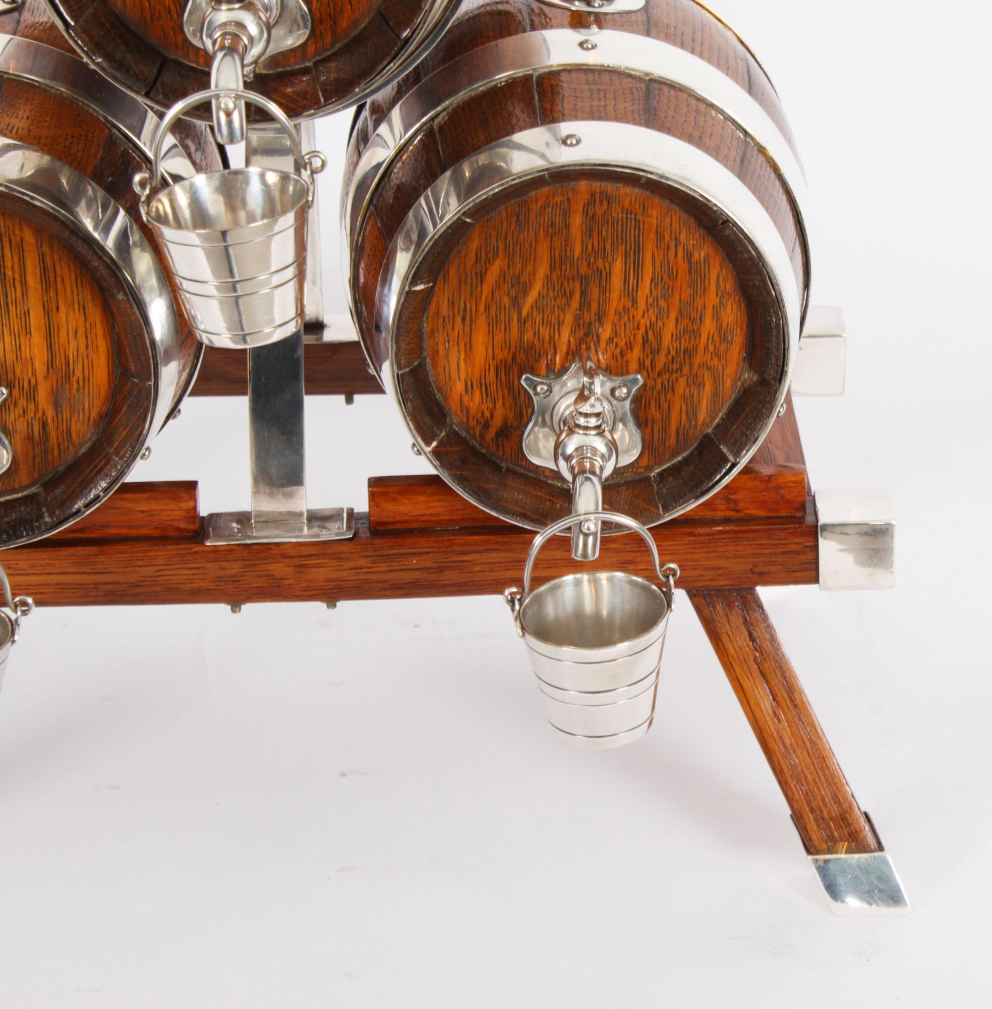 Antique Oak Silver plated Three Oak Barrel Dispensers & Tot Pails 19th Century For Sale 2