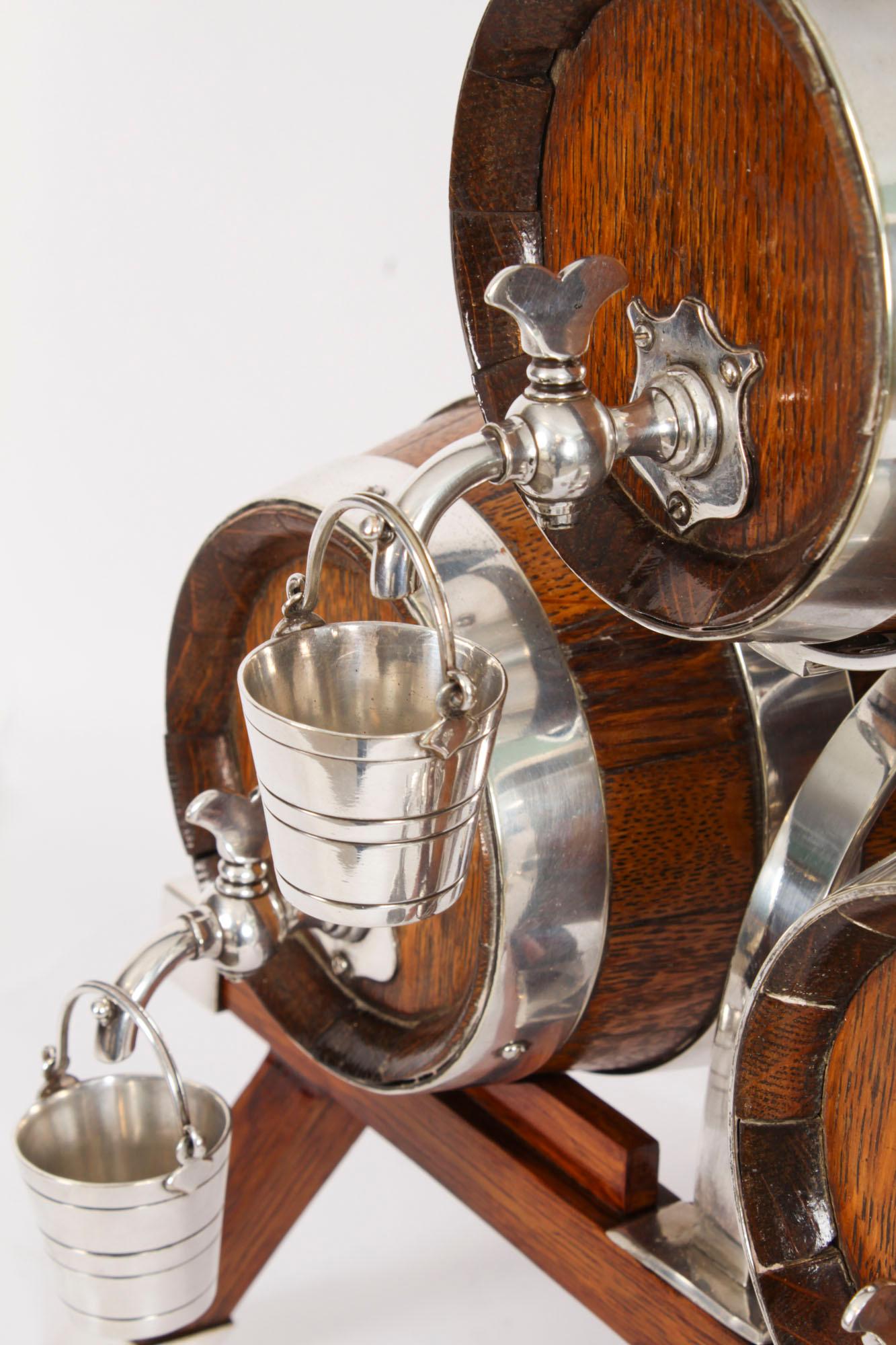 Antique Oak Silver plated Three Oak Barrel Dispensers & Tot Pails 19th Century For Sale 3