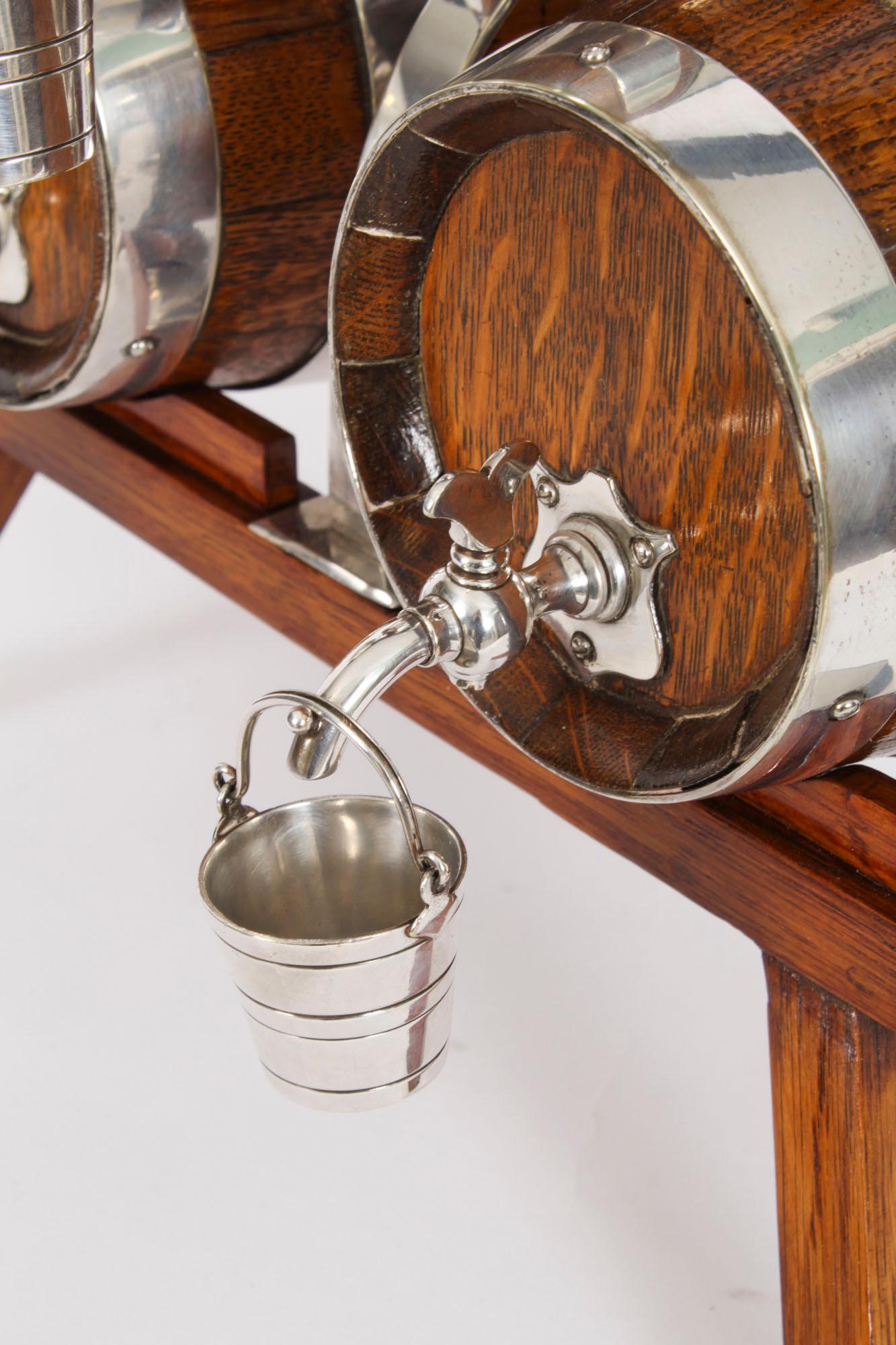 Antique Oak Silver plated Three Oak Barrel Dispensers & Tot Pails 19th Century For Sale 5