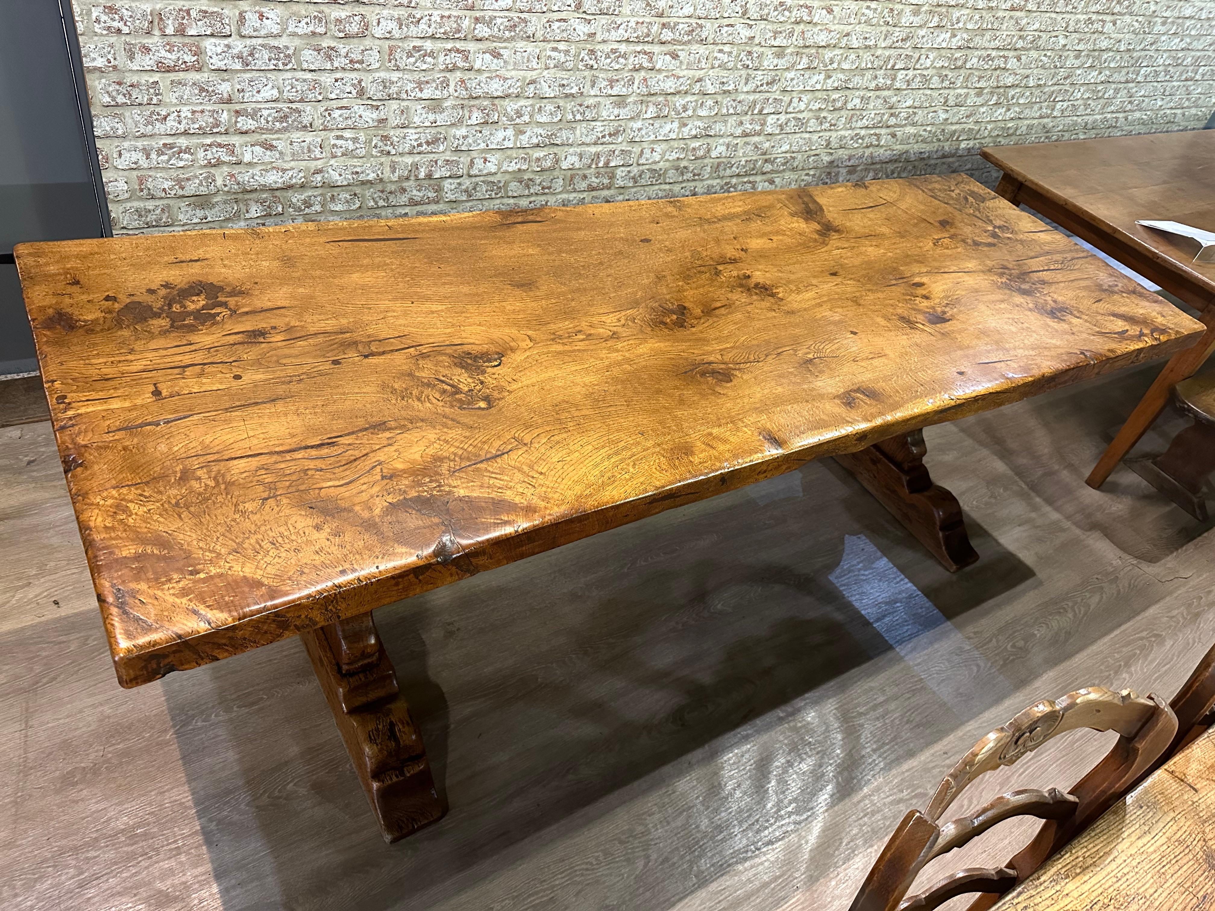 Country Antique Oak Single Plank Trestle Table For Sale
