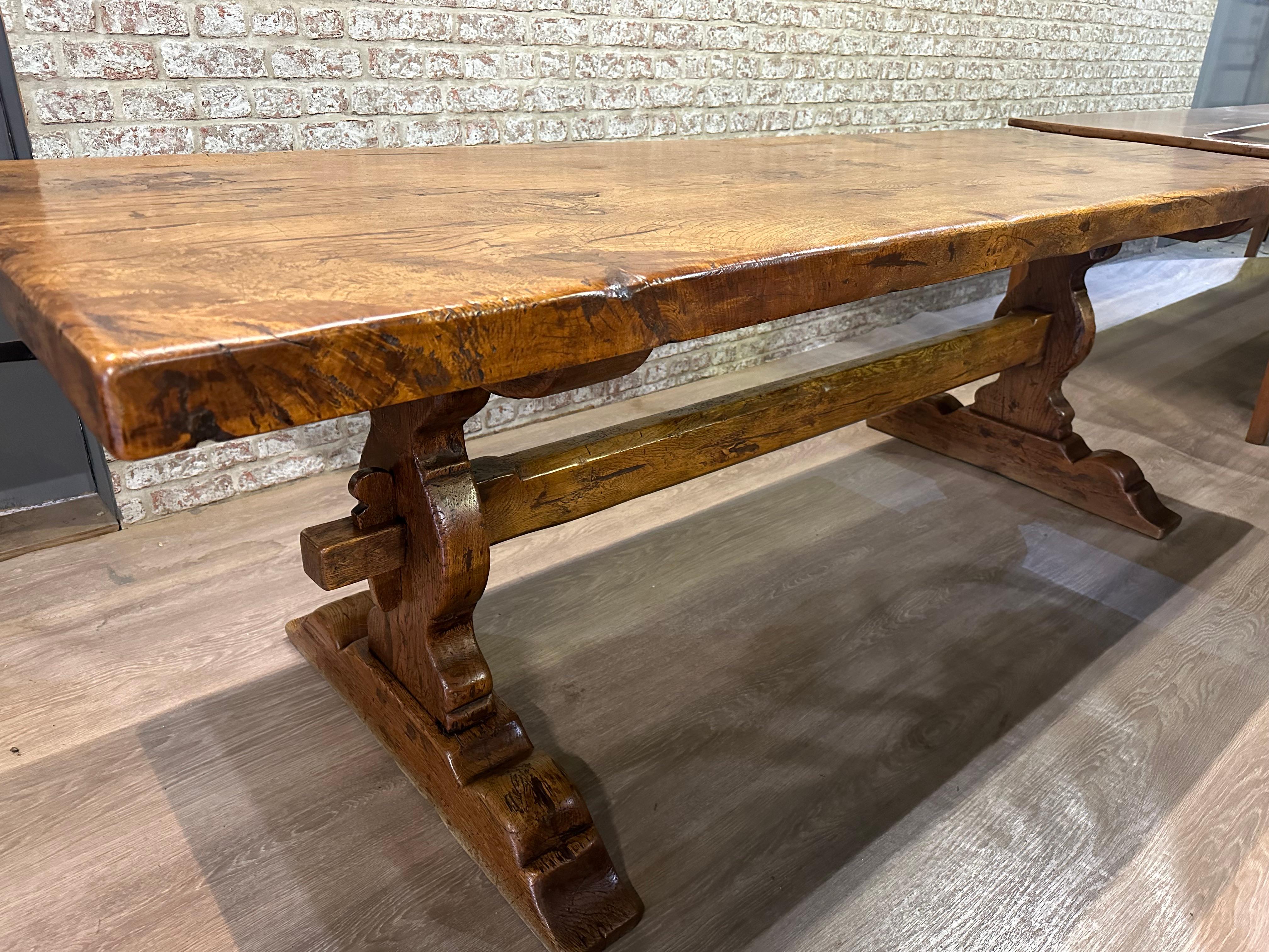 English Antique Oak Single Plank Trestle Table For Sale