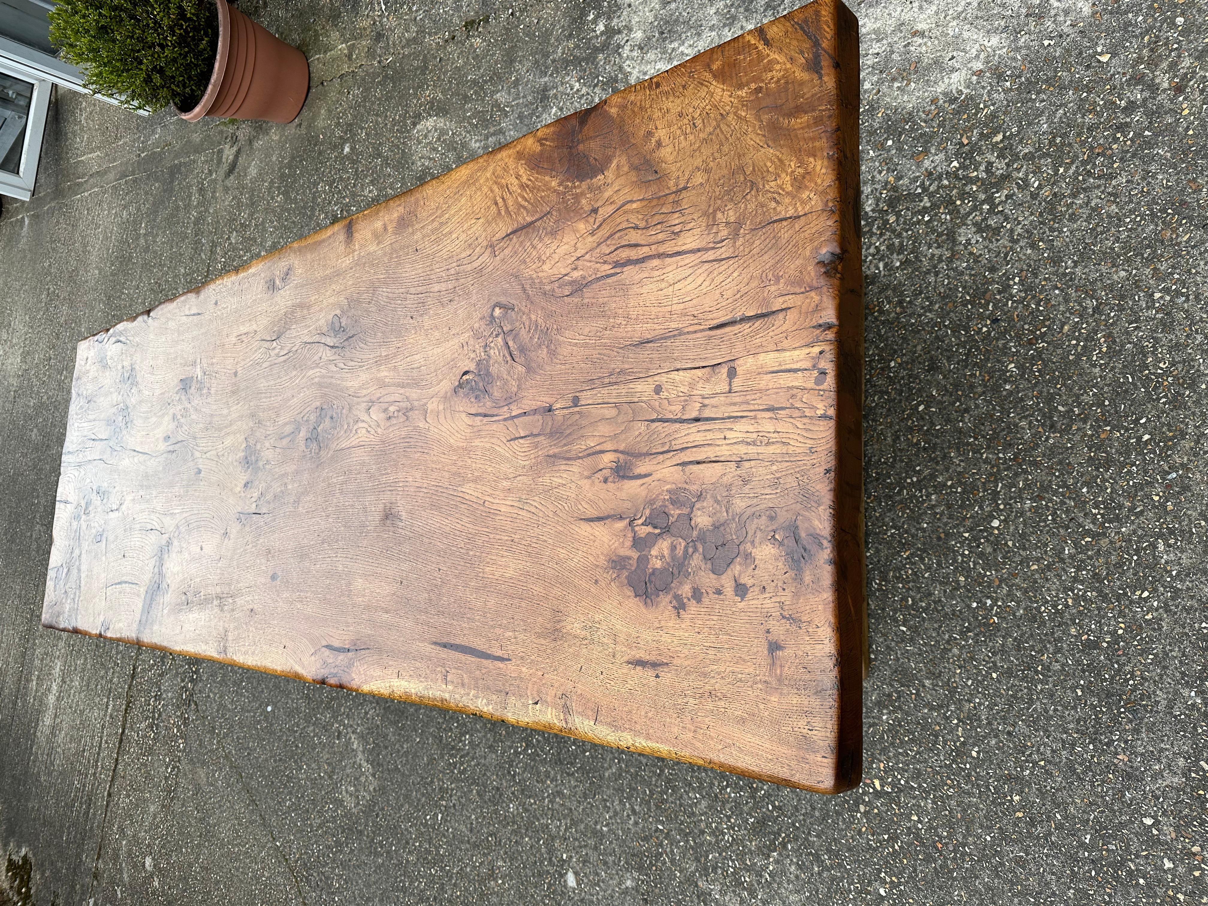 Hand-Crafted Antique Oak Single Plank Trestle Table For Sale