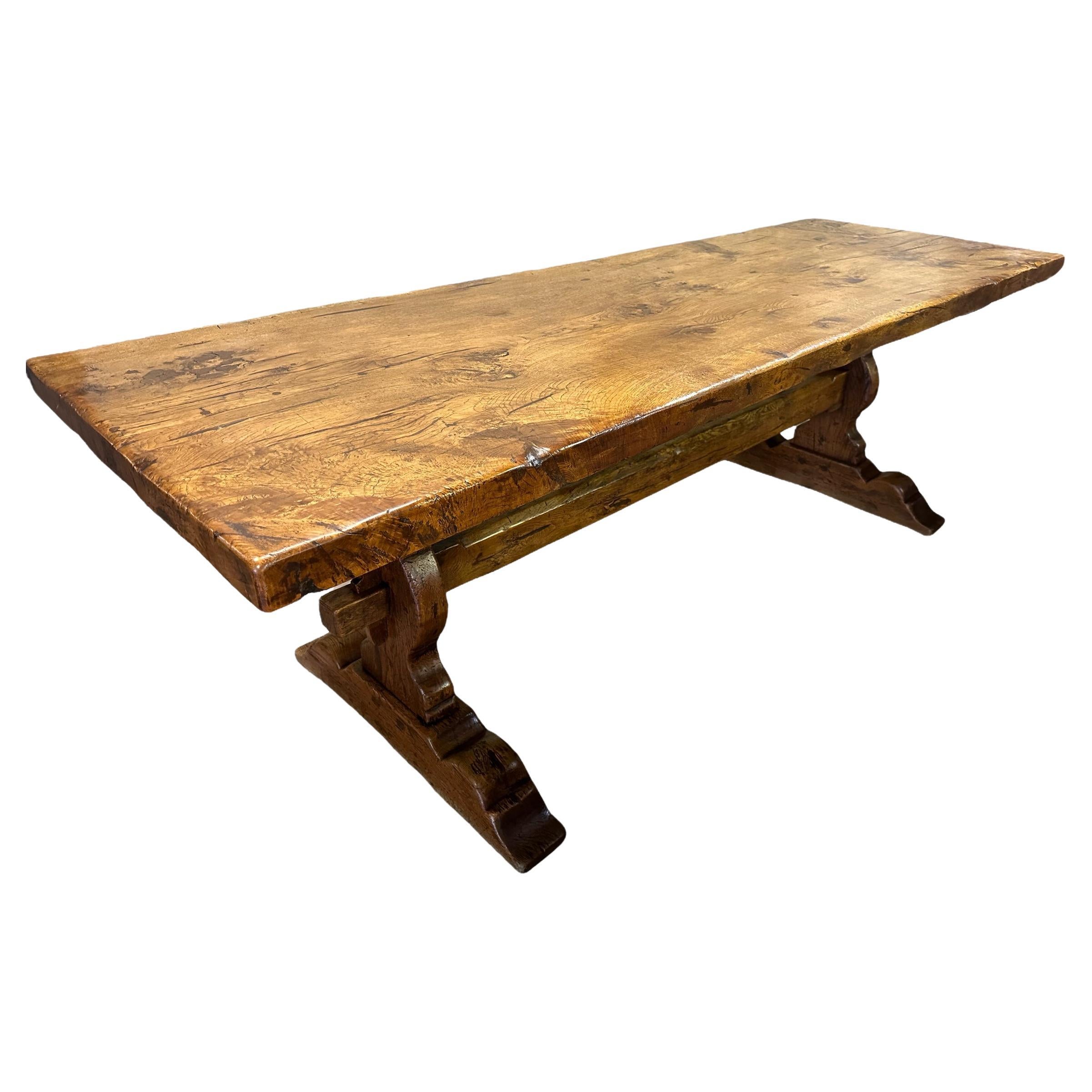 Antique Oak Single Plank Trestle Table For Sale