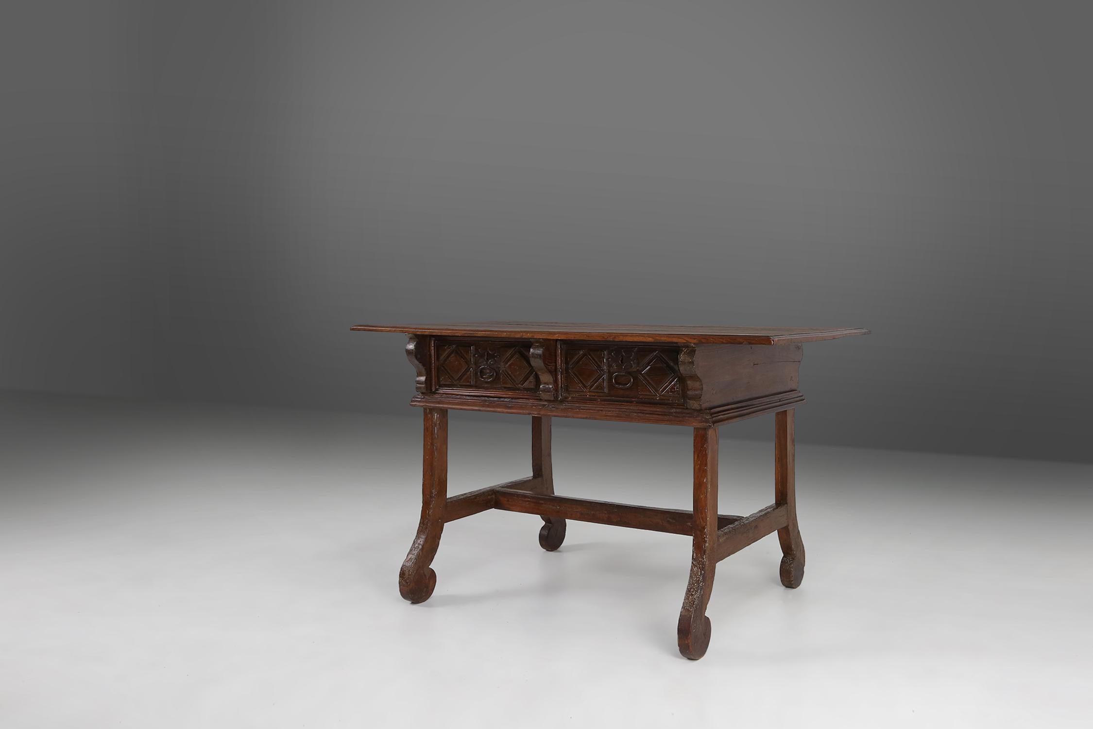 Hand-Carved Antique oak Spanish console table with handcrafted drawers, 18th century For Sale
