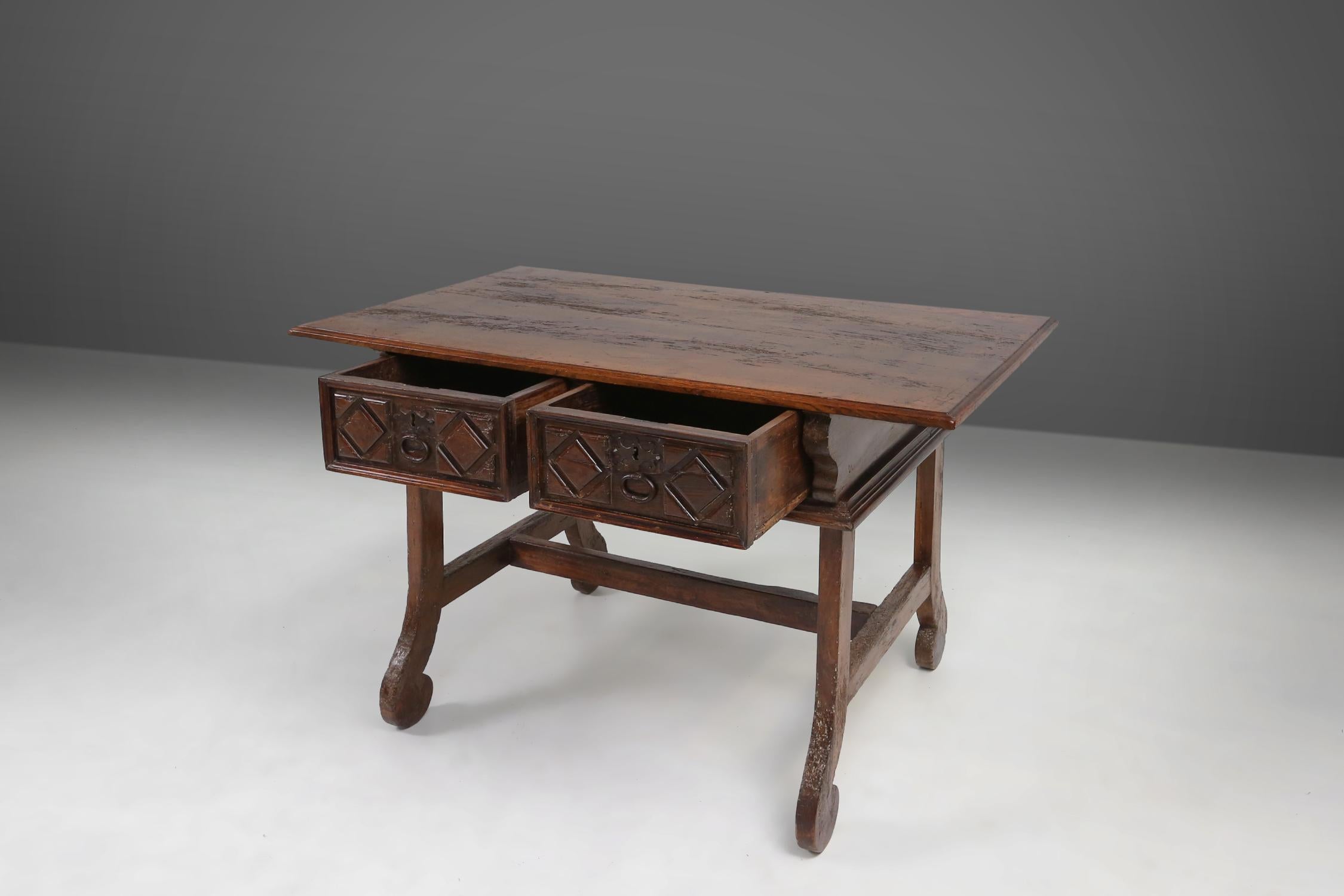 18th Century and Earlier Antique oak Spanish console table with handcrafted drawers, 18th century For Sale