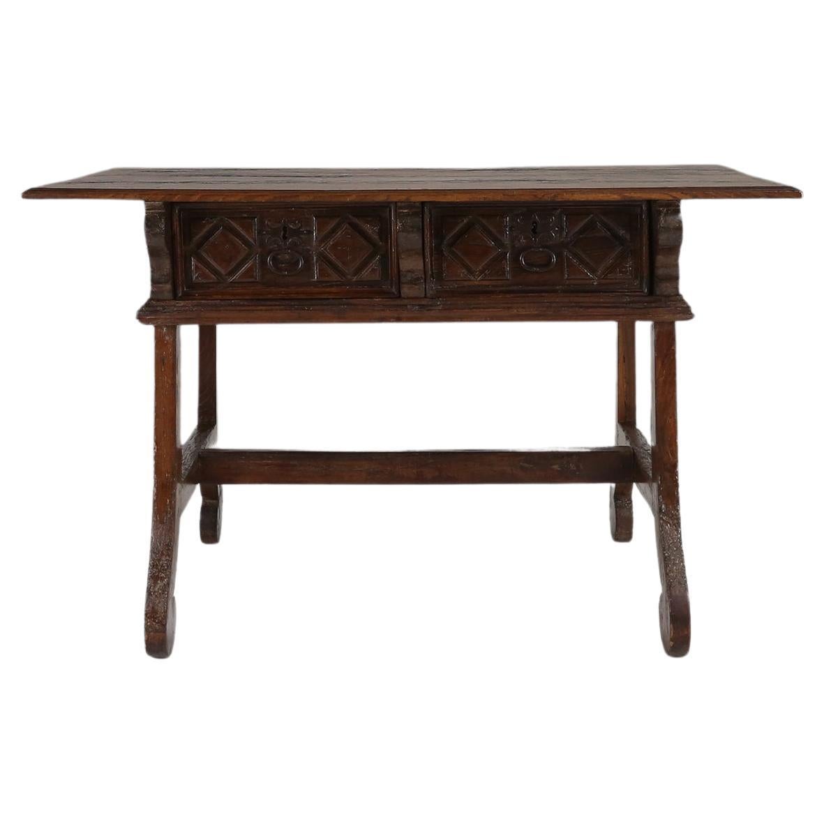 Antique oak Spanish console table with handcrafted drawers, 18th century For Sale