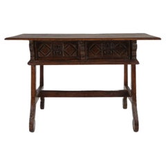 Vintage oak Spanish console table with handcrafted drawers, 18th century