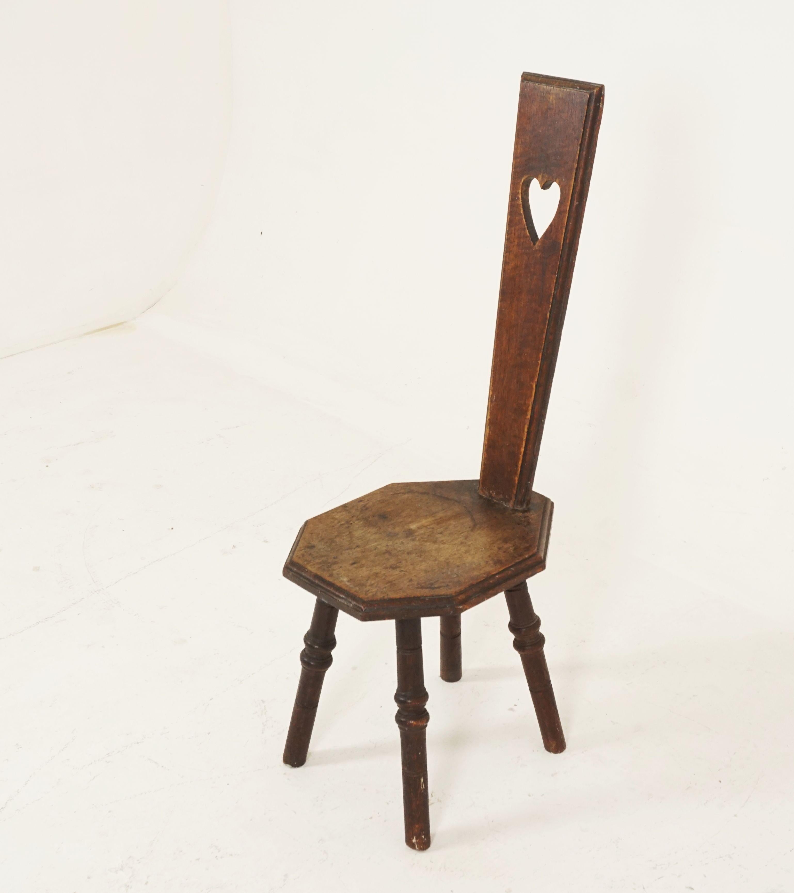 Antique oak spinning chair, Scotland 1910, B2449

Scotland 1910
Original finish
Tall heart shaped back
Solid oak octagonal shaped seat
Standing on four turned legs
All joints are tight

B2449

Measures: 12