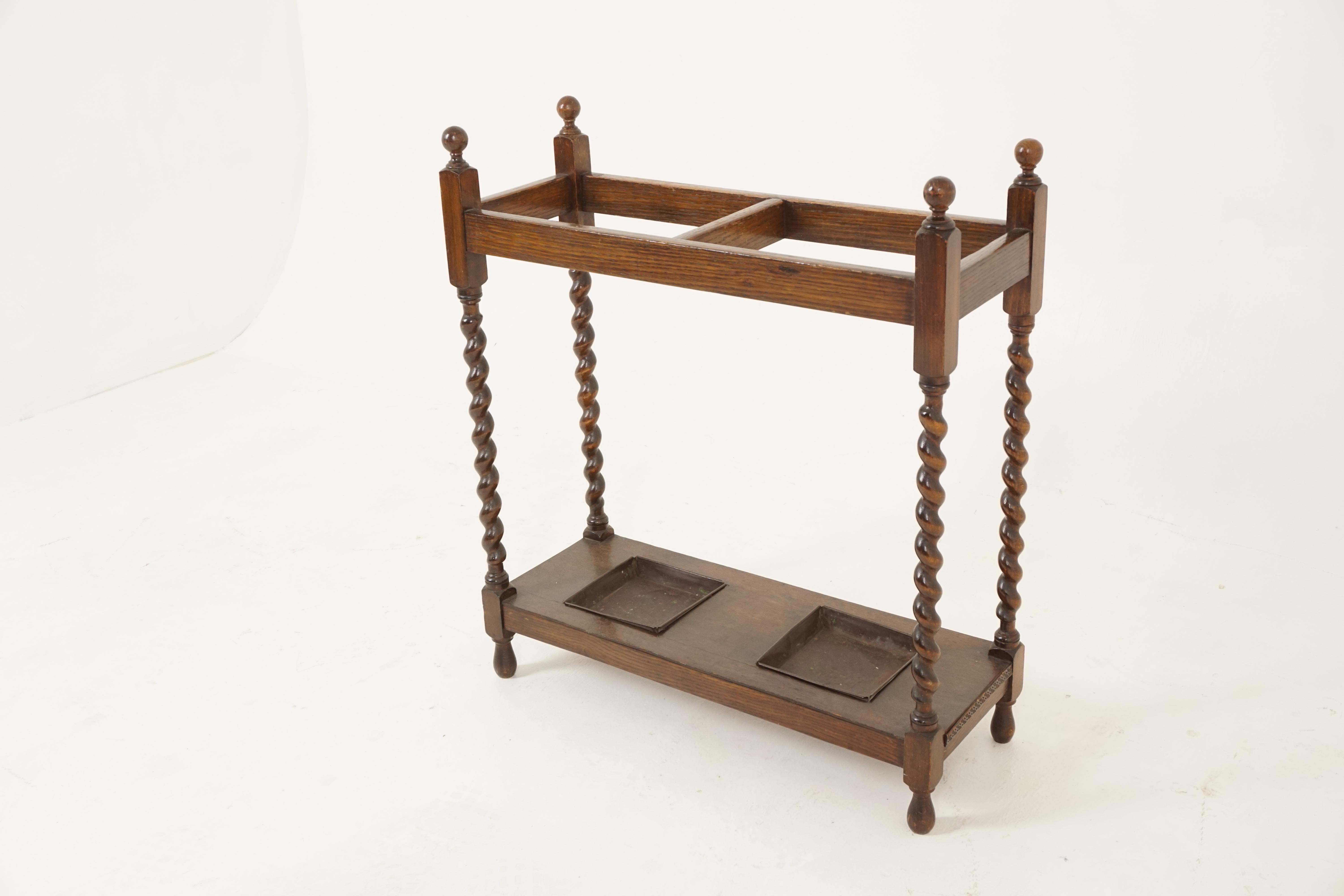 Antique oak stick stand, Barley twist umbrella stand, Antique Furniture, Scotland 1910, B2540

Scotland 1910
Solid oak
Original finish
The stand has four barley twist uprights with finials on top
Has two divisions to hold the sticks or