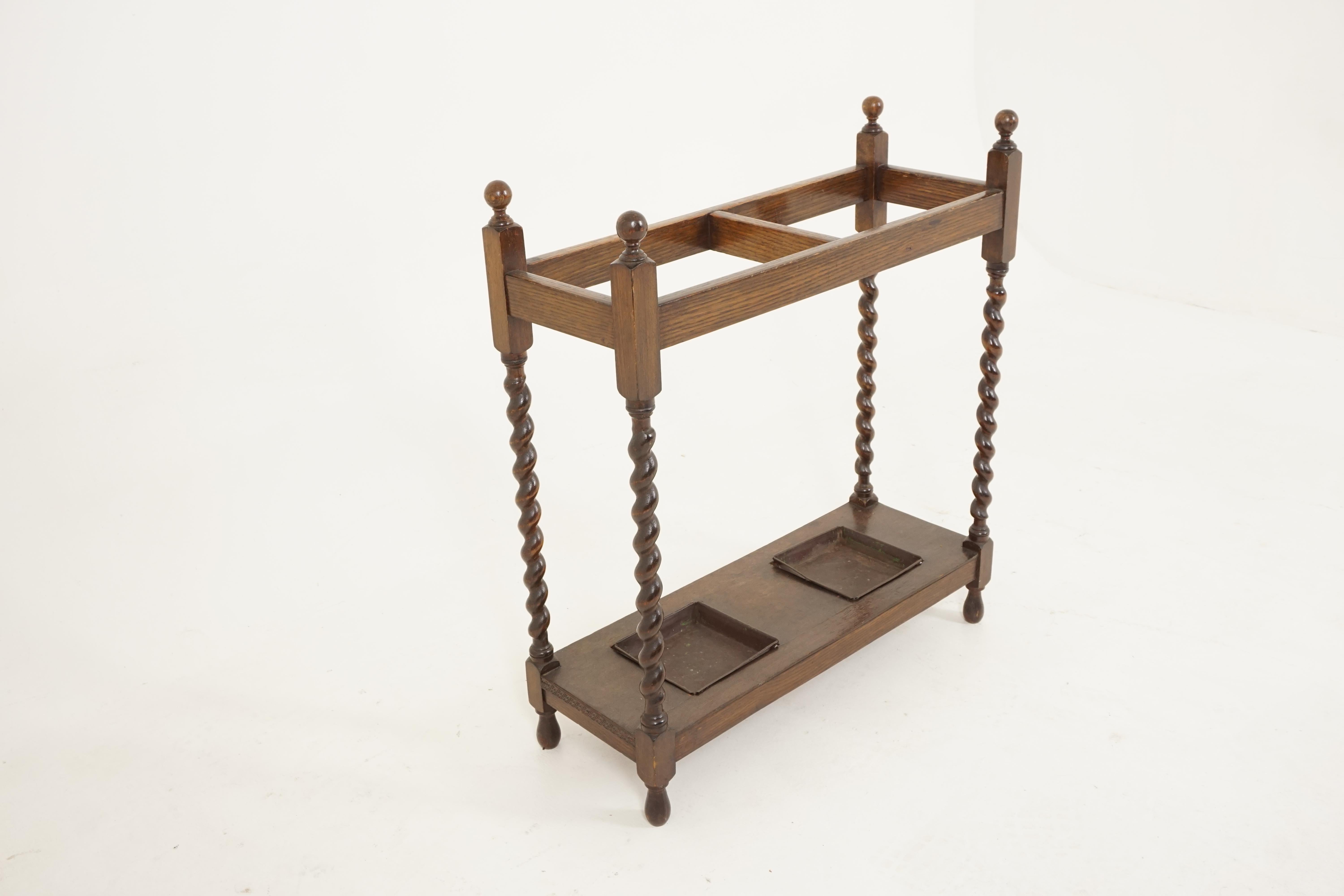 Scottish Antique Oak Stick Stand, Barley Twist Umbrella Stand, Scotland 1910, B2540
