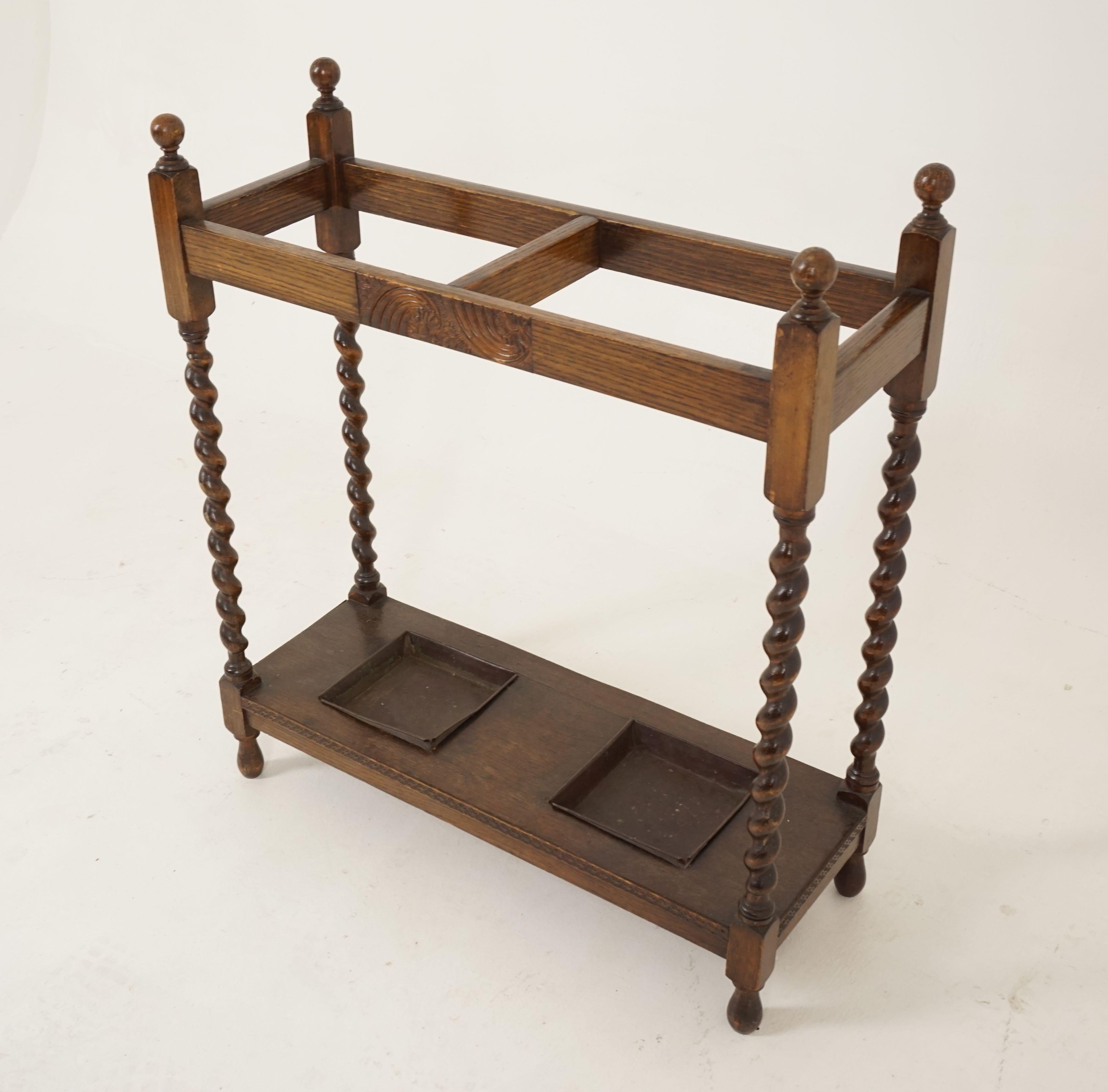 Antique Oak Stick Stand, Barley Twist Umbrella Stand, Scotland 1910, B2540 1