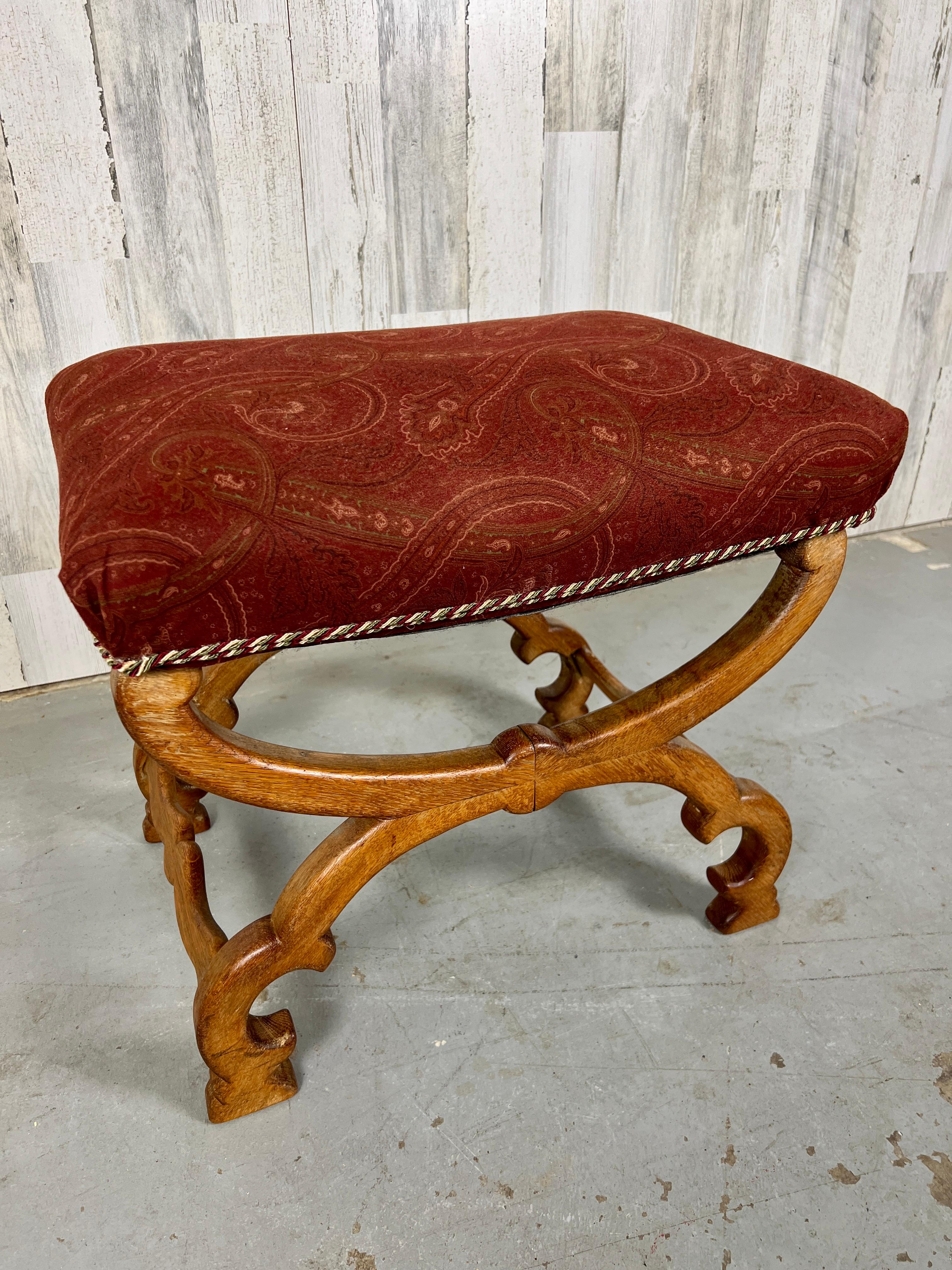 Upholstery Antique Oak Stool For Sale