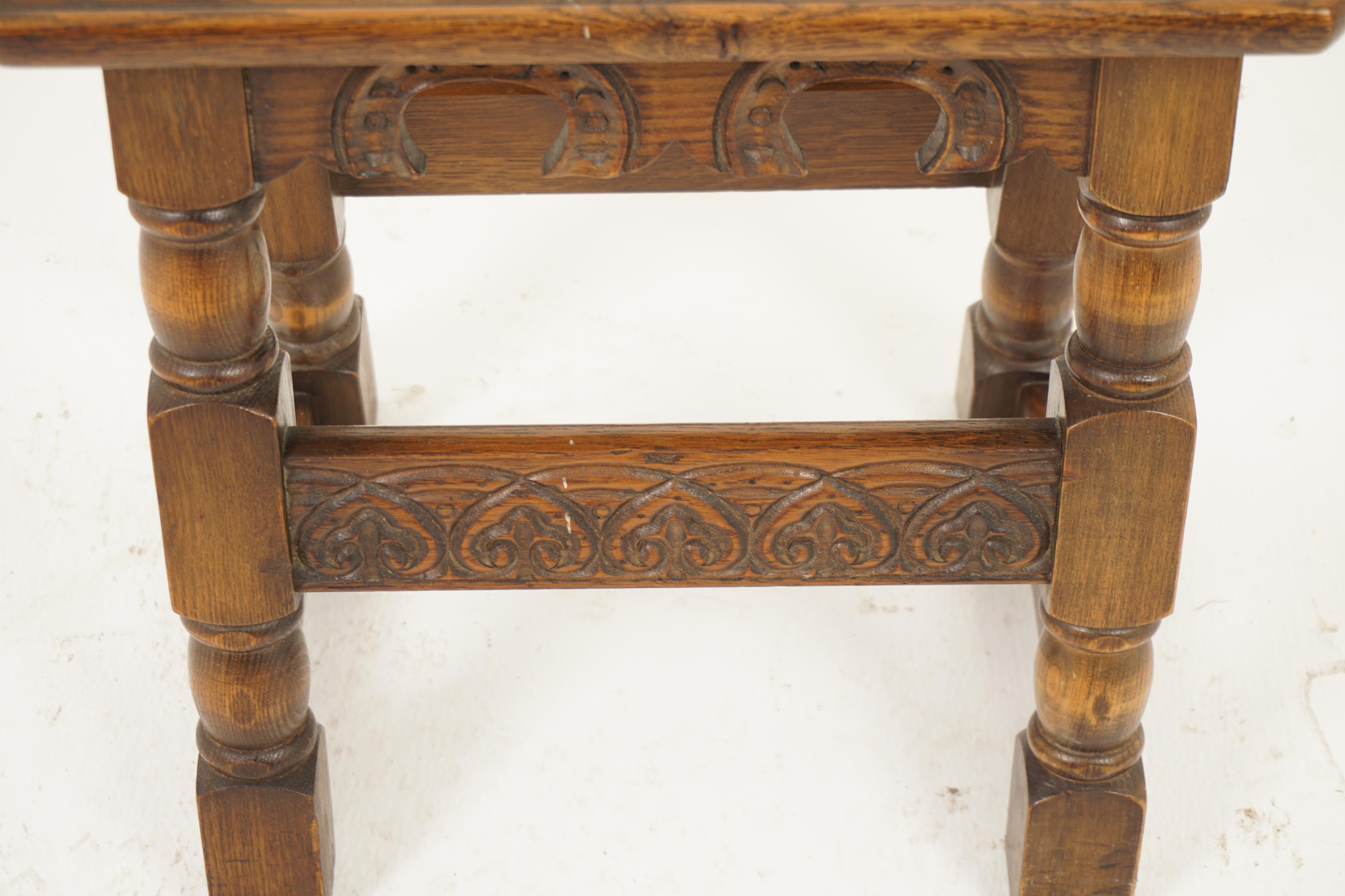 Antique Oak Stool, Vintage Carved Oak Bench, Table, Scotland 1930, H1096 In Good Condition In Vancouver, BC