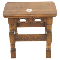 Antique Oak Stool, Vintage Carved Oak Bench, Table, Scotland 1930, H1096