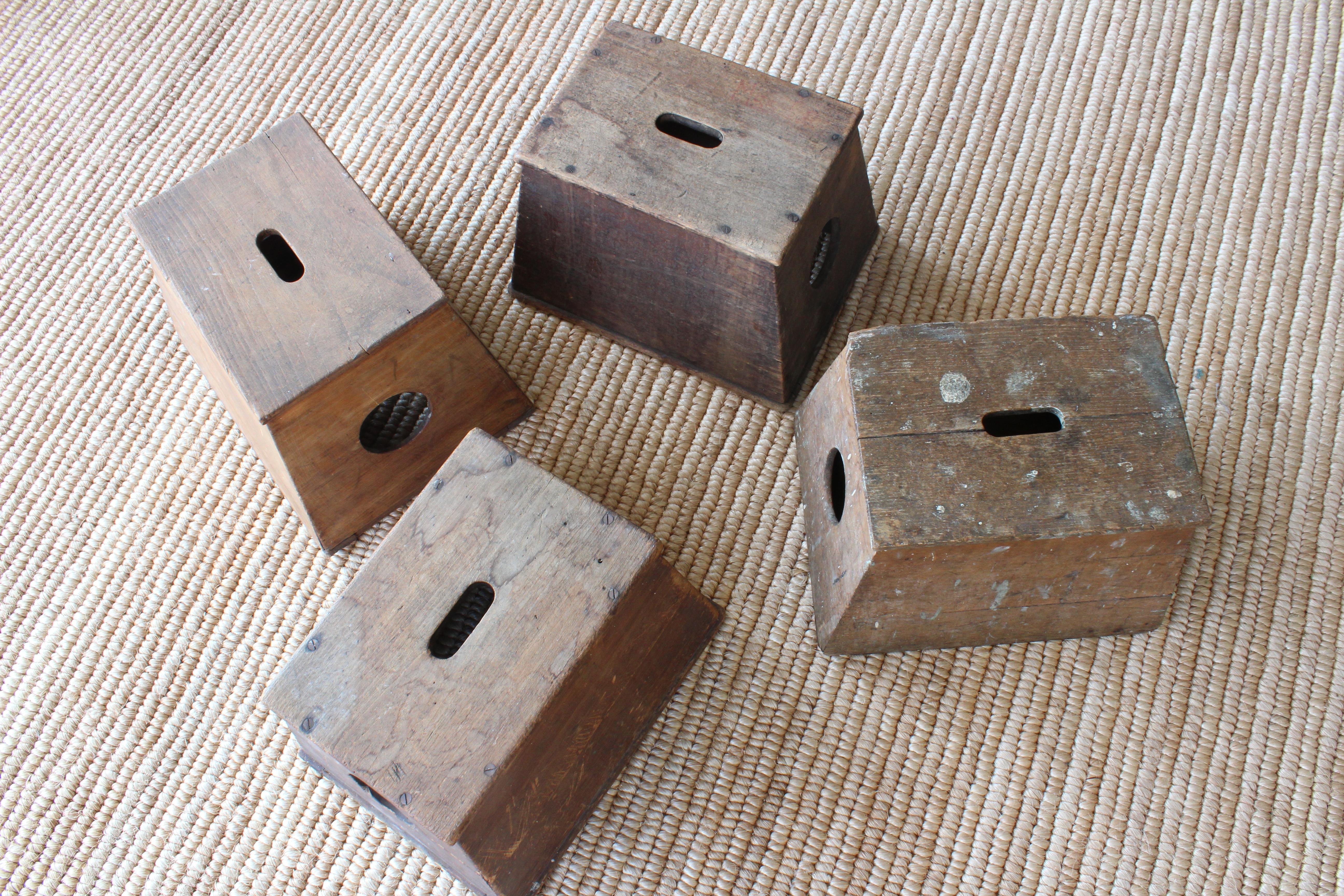 Antique French oak stools with plenty of patina. Four available, priced individually.