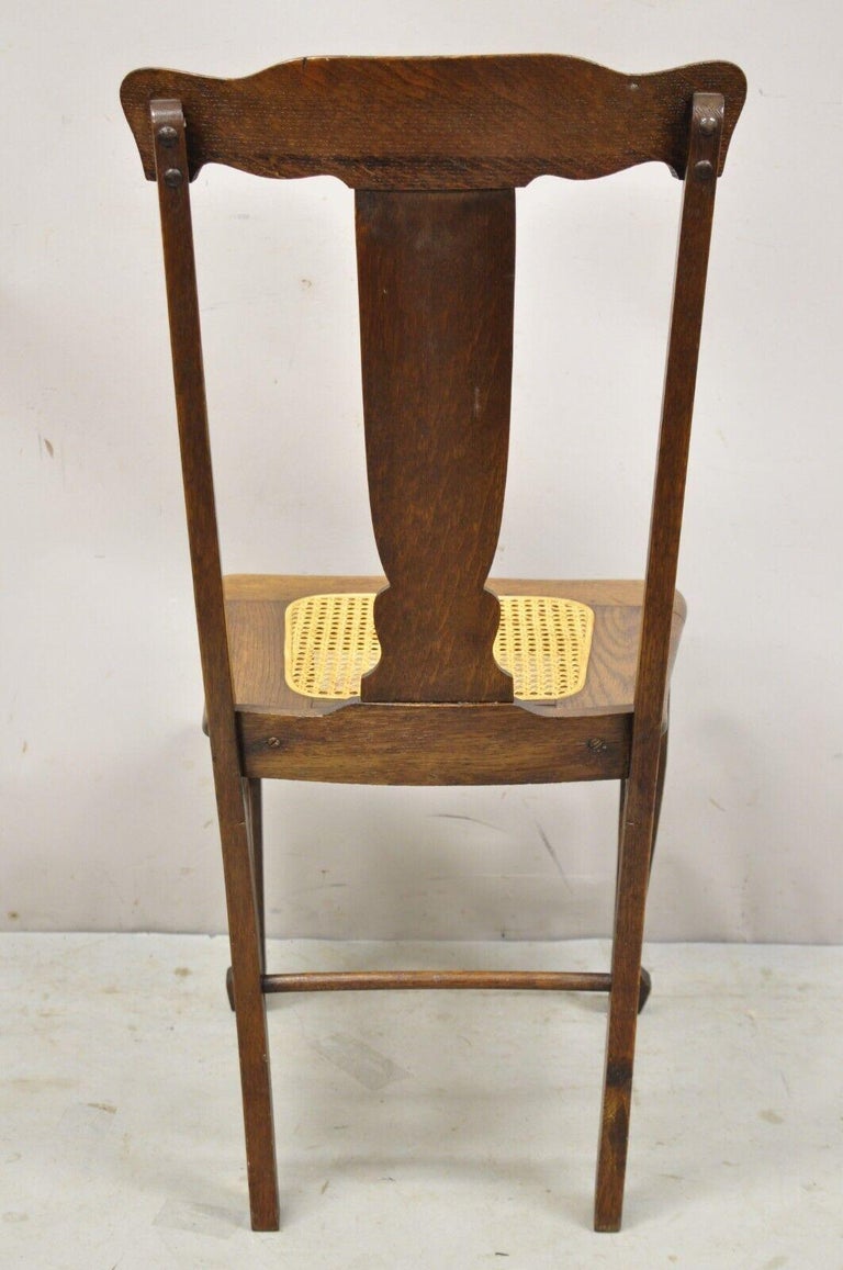 Antique Oak T Back Dining Side Chairs with Cane Seat, Set of 4 For Sale