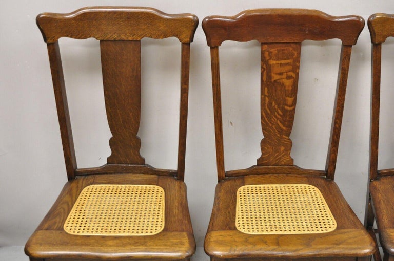 Antique Oak T Back Dining Side Chairs with Cane Seat, Set of 4 For Sale at 1stDibs