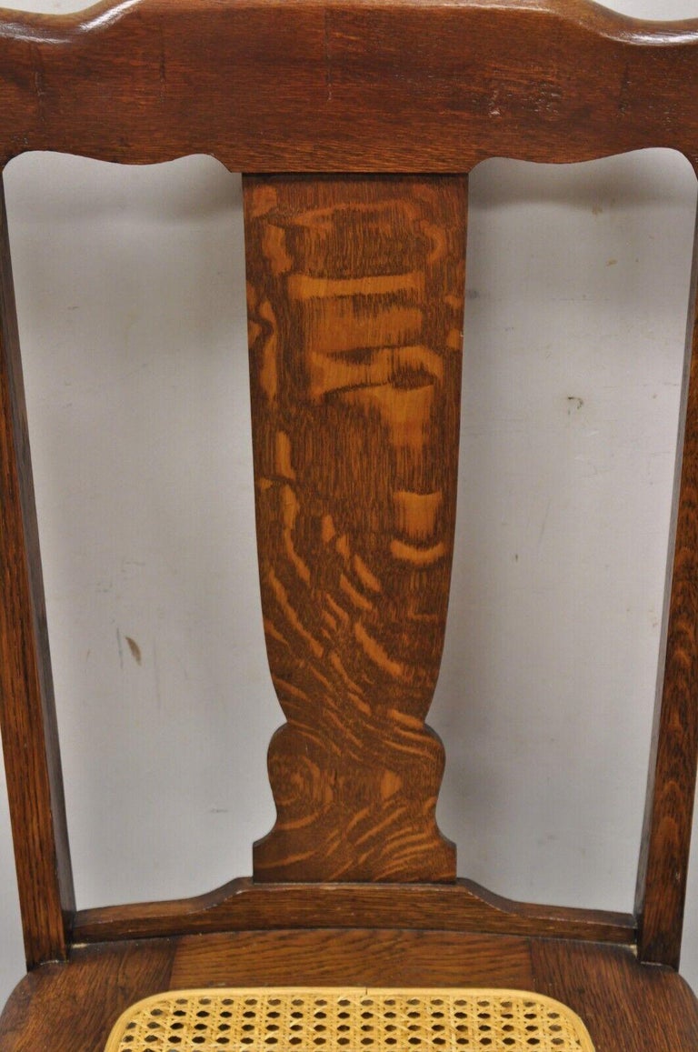 Antique Oak T Back Dining Side Chairs with Cane Seat, Set of 4 For Sale at 1stDibs
