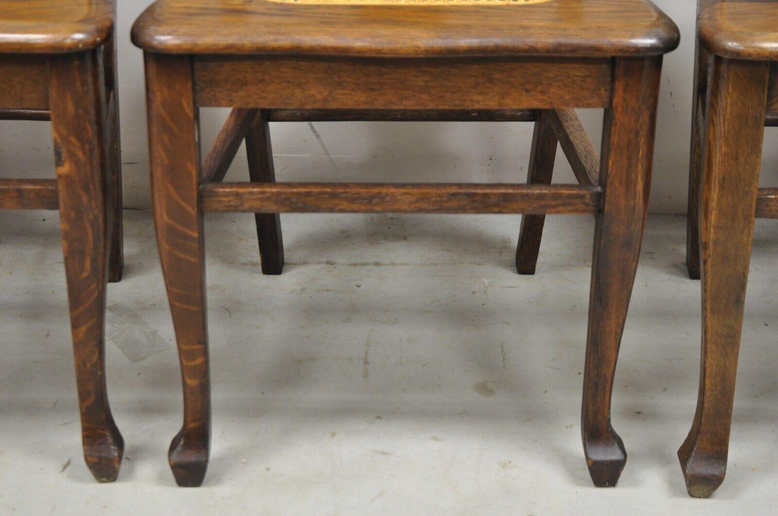 Antique Oak T Back Dining Side Chairs with Cane Seat, Set of 4 In Good Condition In Philadelphia, PA