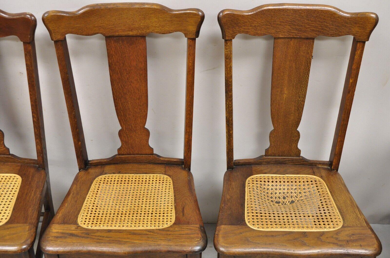 20th Century Antique Oak T Back Dining Side Chairs with Cane Seat, Set of 4