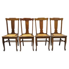 Antique Oak T Back Dining Side Chairs with Cane Seat, Set of 4