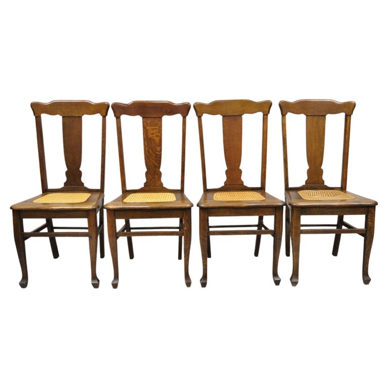 Antique Oak T Back Dining Side Chairs with Cane Seat, Set of 4 For Sale