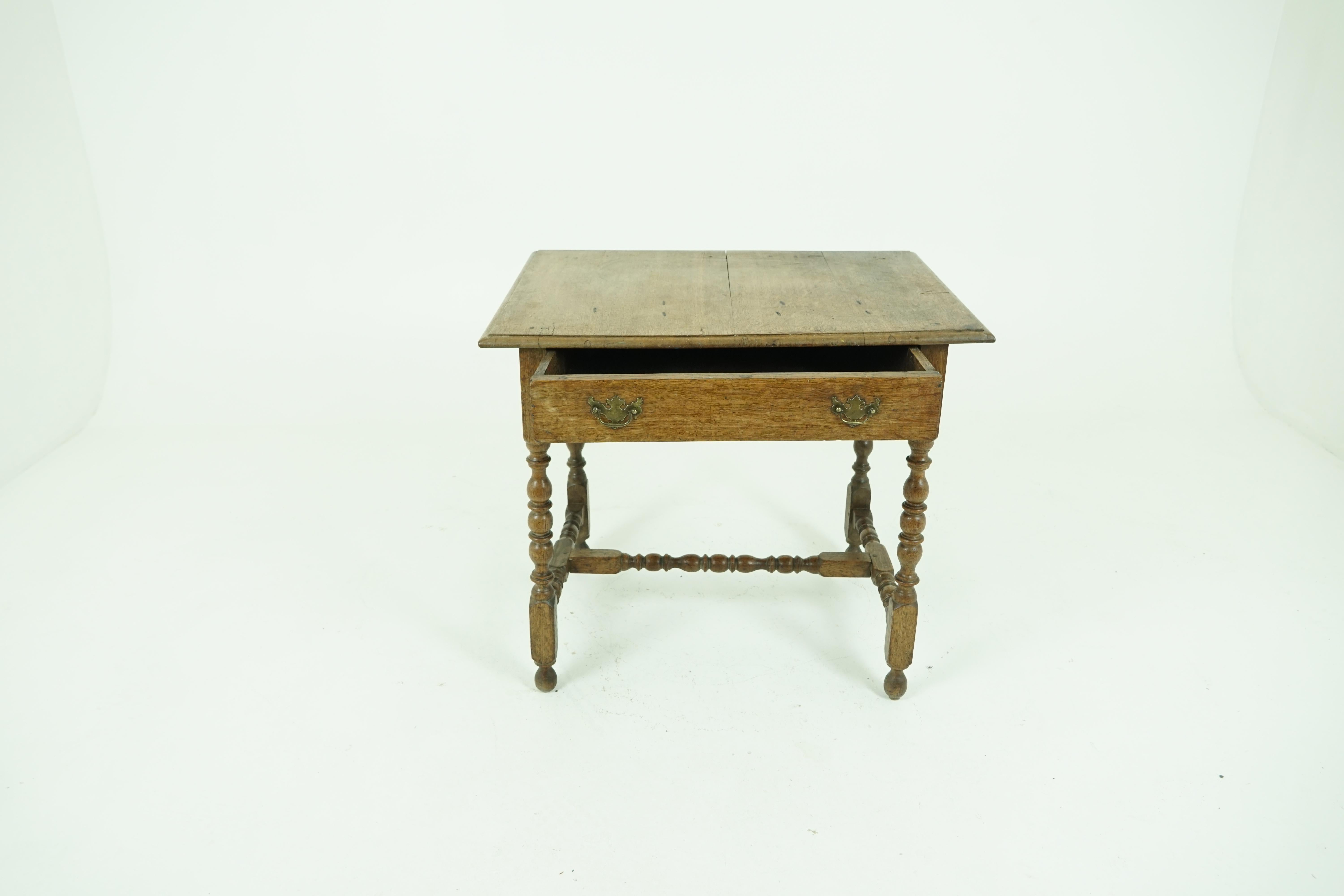 Antique oak table, 18th century Georgian writing table, desk, or hall table, Antique Furniture, Scotland, B1683

Scotland, late 18th century
Solid oak construction
Original finish
Rectangular top with beveled edge
Single dovetailed drawer with