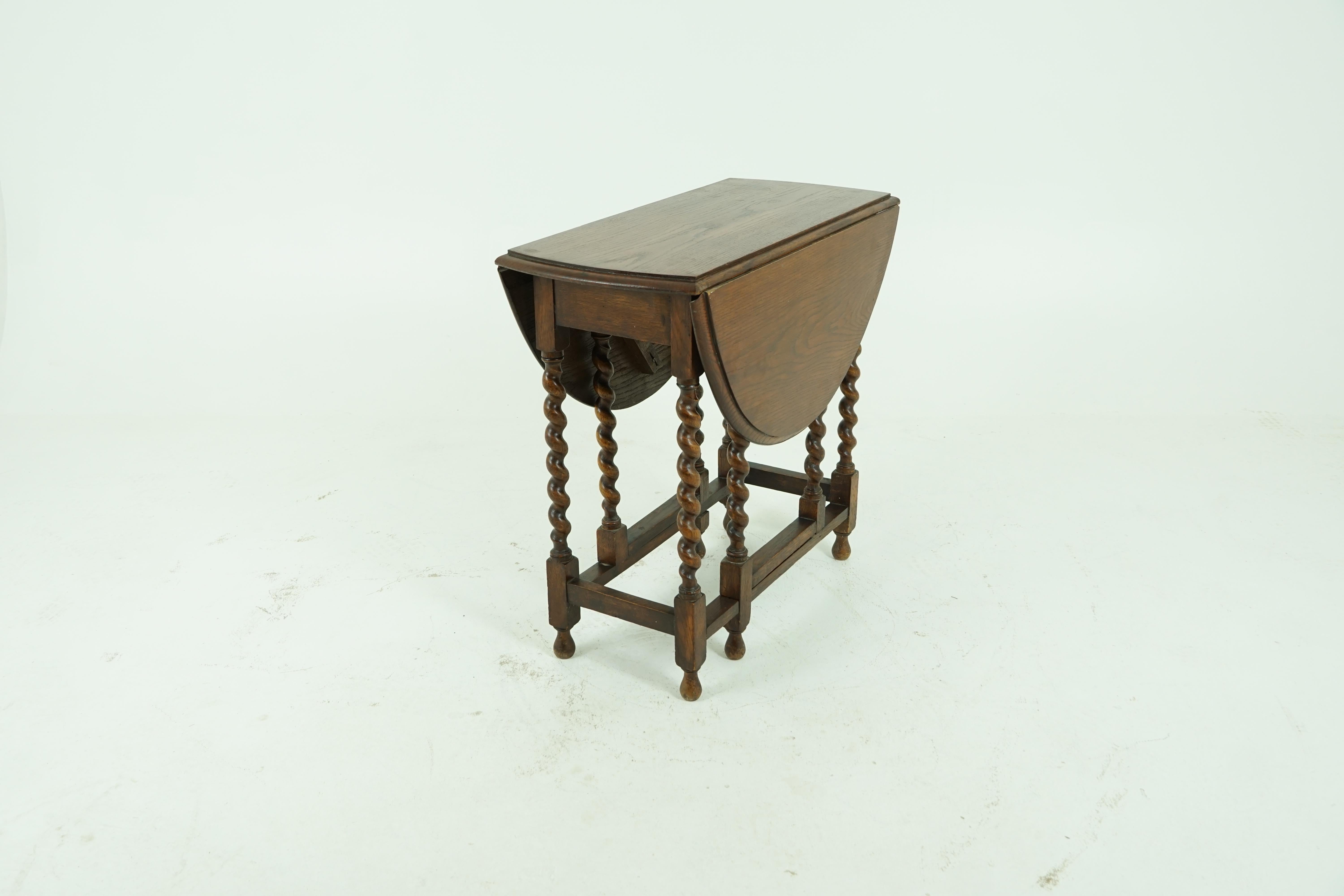 Scottish Antique Oak Table, Barley Twist Drop Leaf Gateleg Table, Scotland 1920, B1679