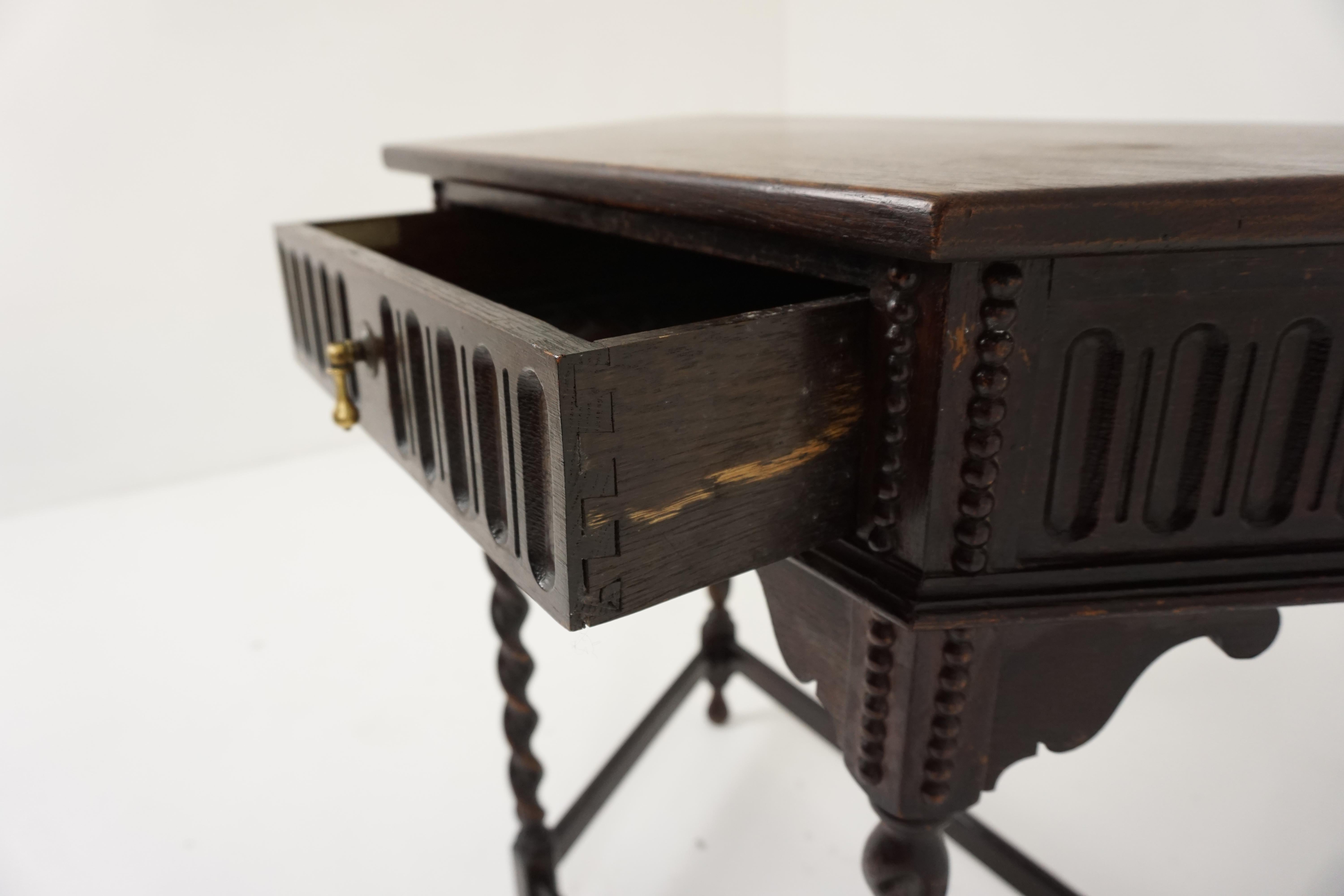 Hand-Crafted Antique Oak Table, Barley Twist Hall Table with Drawer, Scotland 1920, B1841