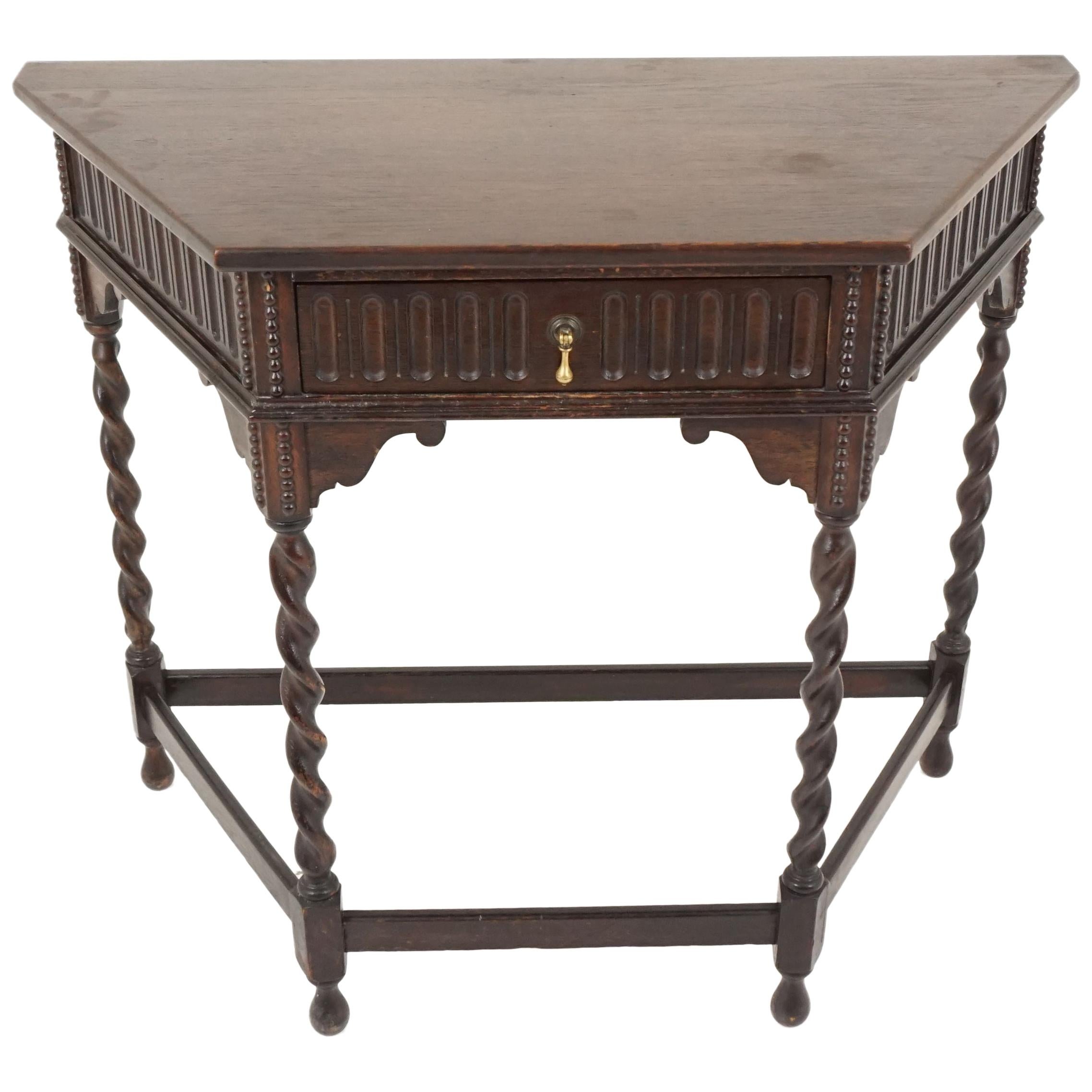 Antique Oak Table, Barley Twist Hall Table with Drawer, Scotland 1920, B1841