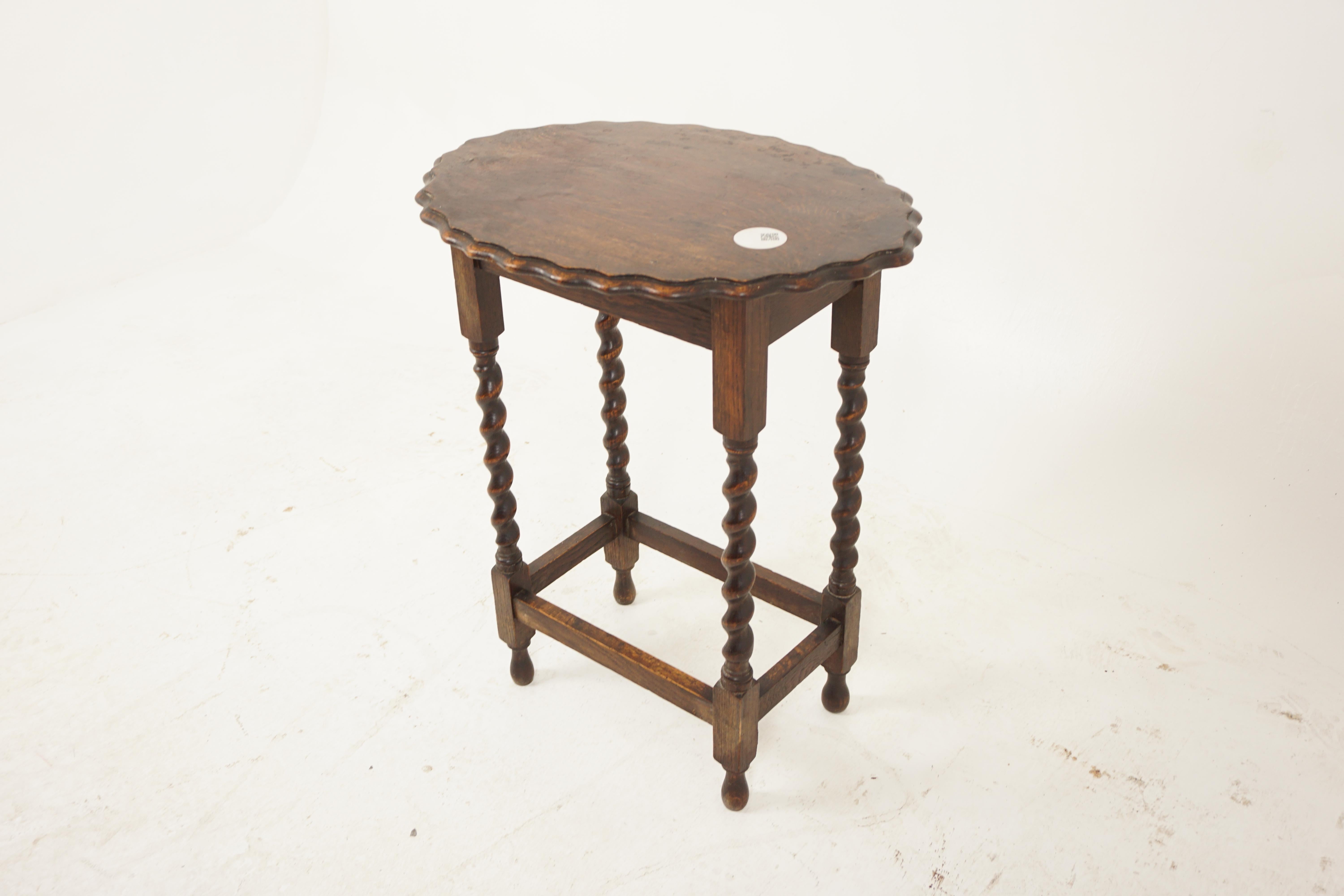 Vintage Oak Table, Oval Oak Barley Twist Occasional Table, Lamp and End Table, Antique Furniture, Scotland 1920, H1149

+ Scotland 1920
+ Solid Oak
+ Original Finish
+ Oval top with pie crust edge
+ All standing on four barley twist legs
+